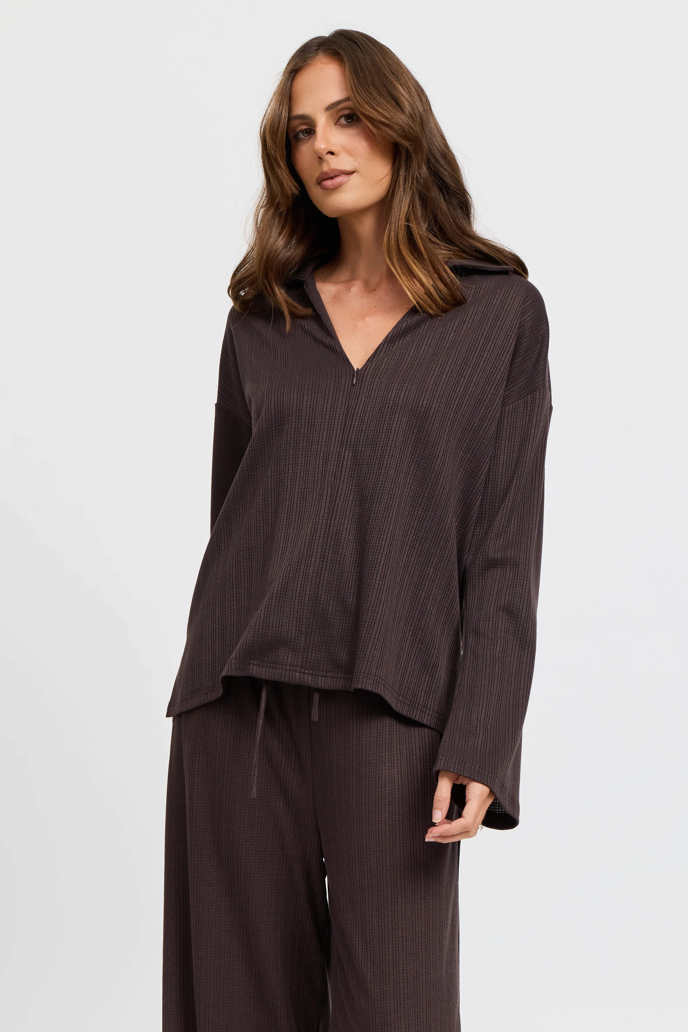 Ivy Waffle Zip-Front Top - Chocolate - Image 6