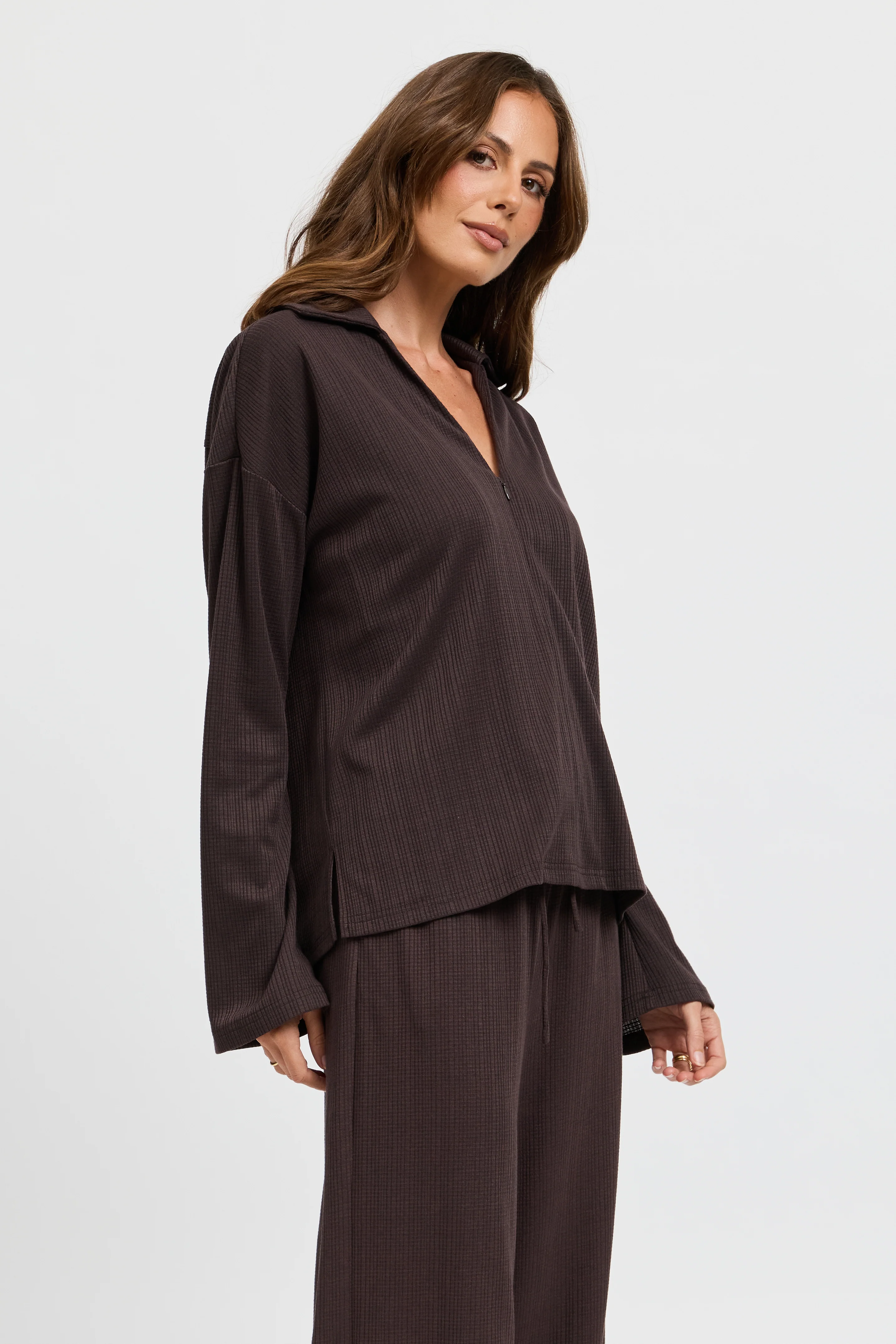 Ivy Waffle Zip-Front Top - Chocolate - Image 7