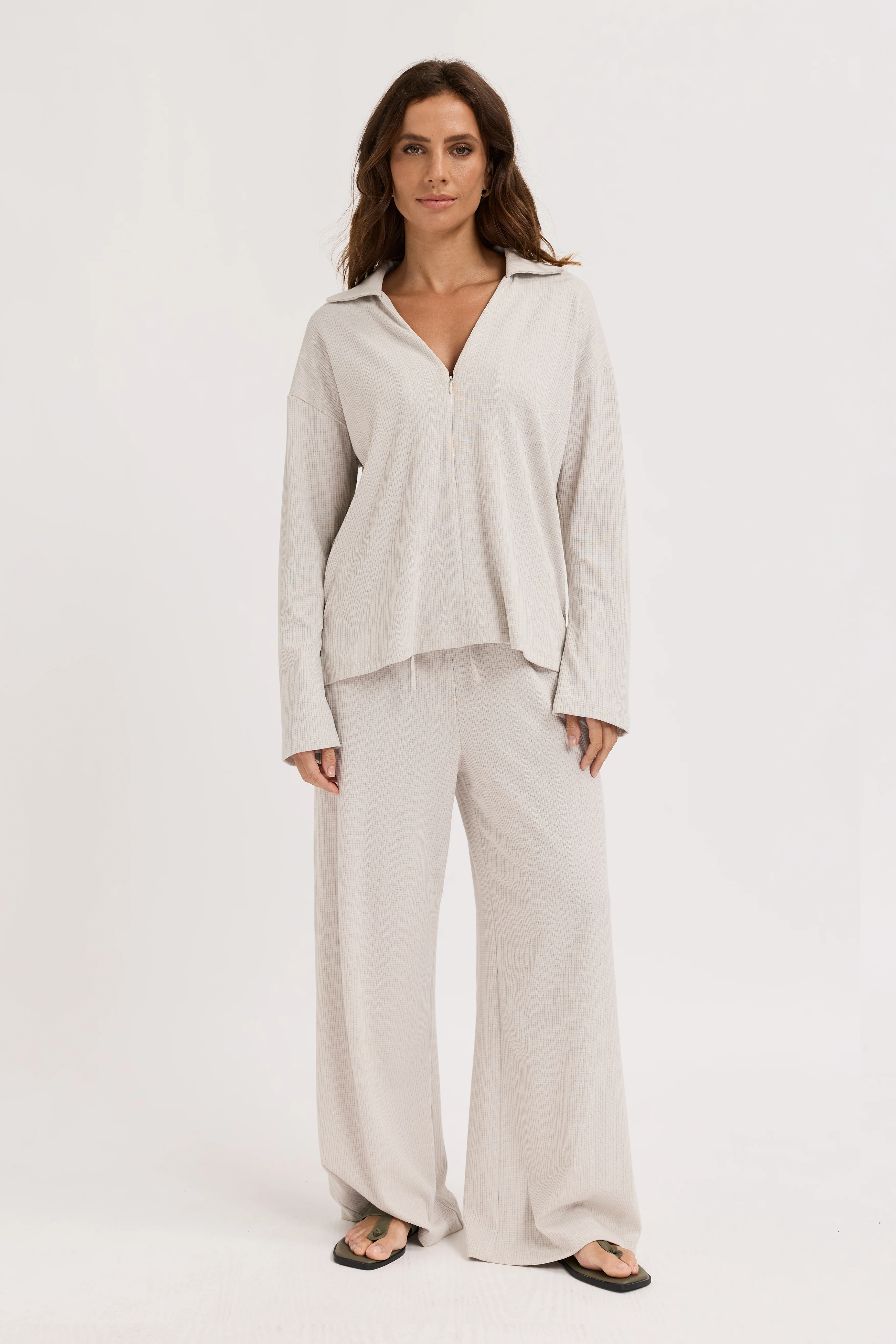 Ivy Waffle Zip-Front Top - Stone Grey