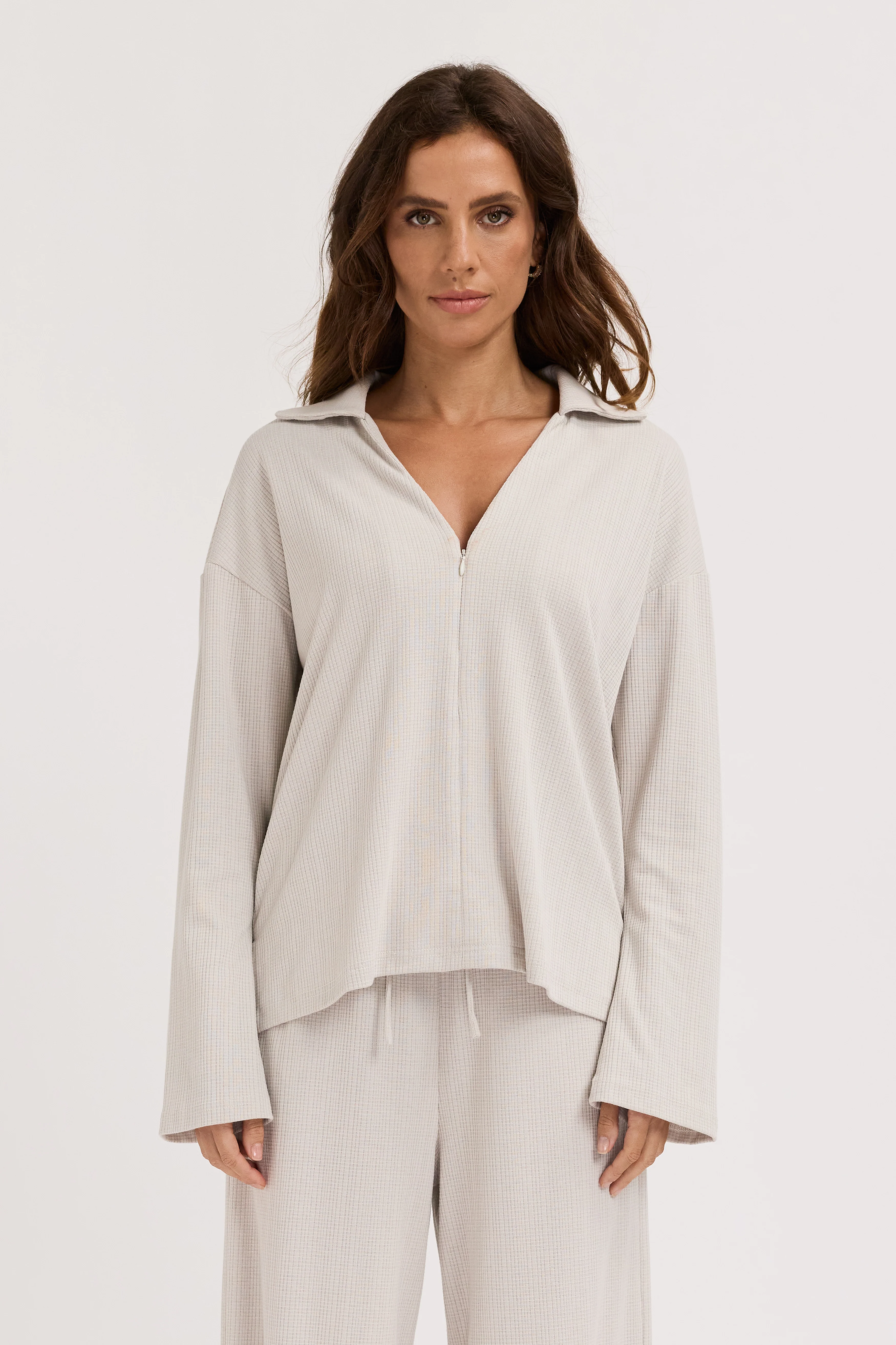 Ivy Waffle Zip-Front Top - Stone Grey - Image 3