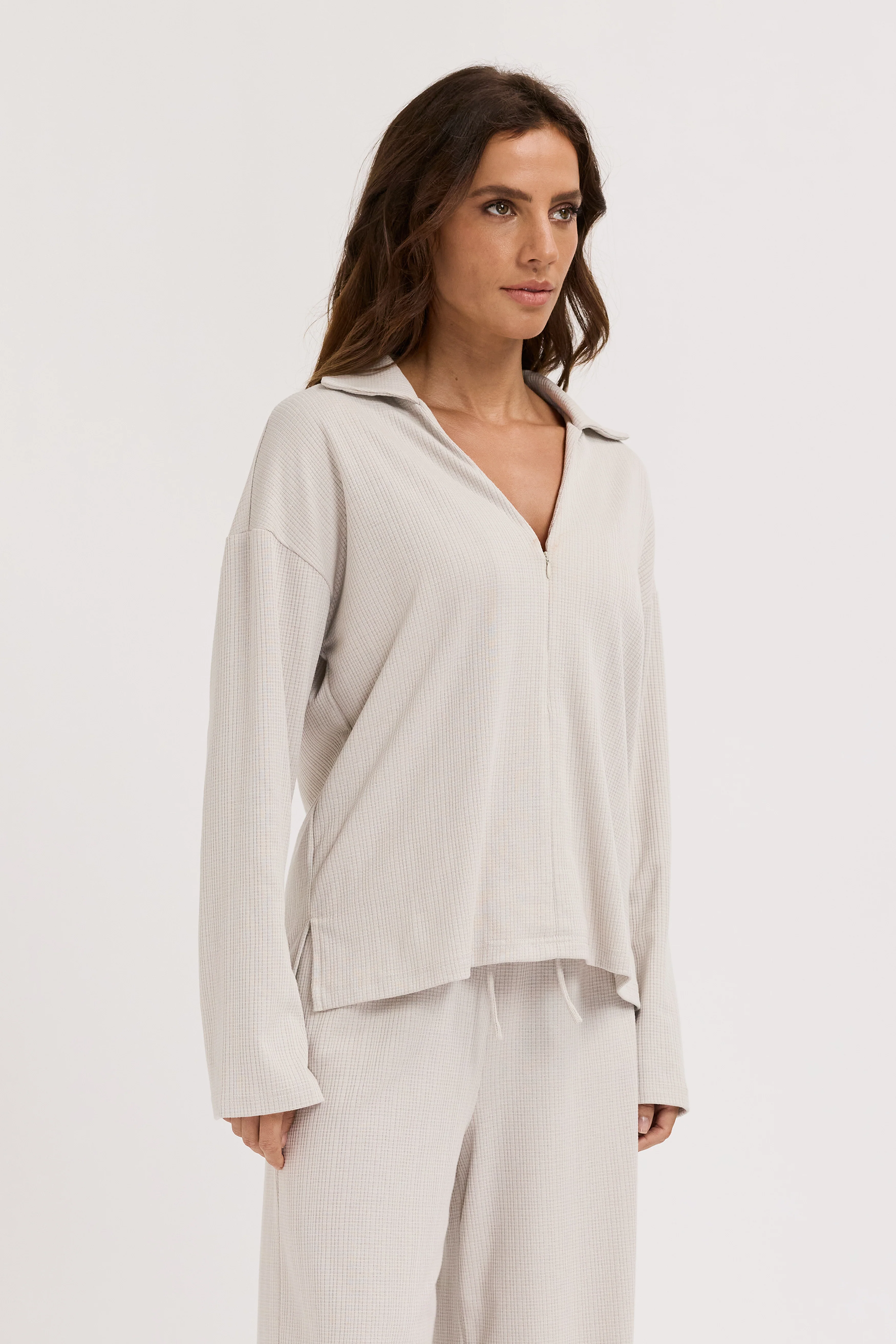 Ivy Waffle Zip-Front Top - Stone Grey - Image 4