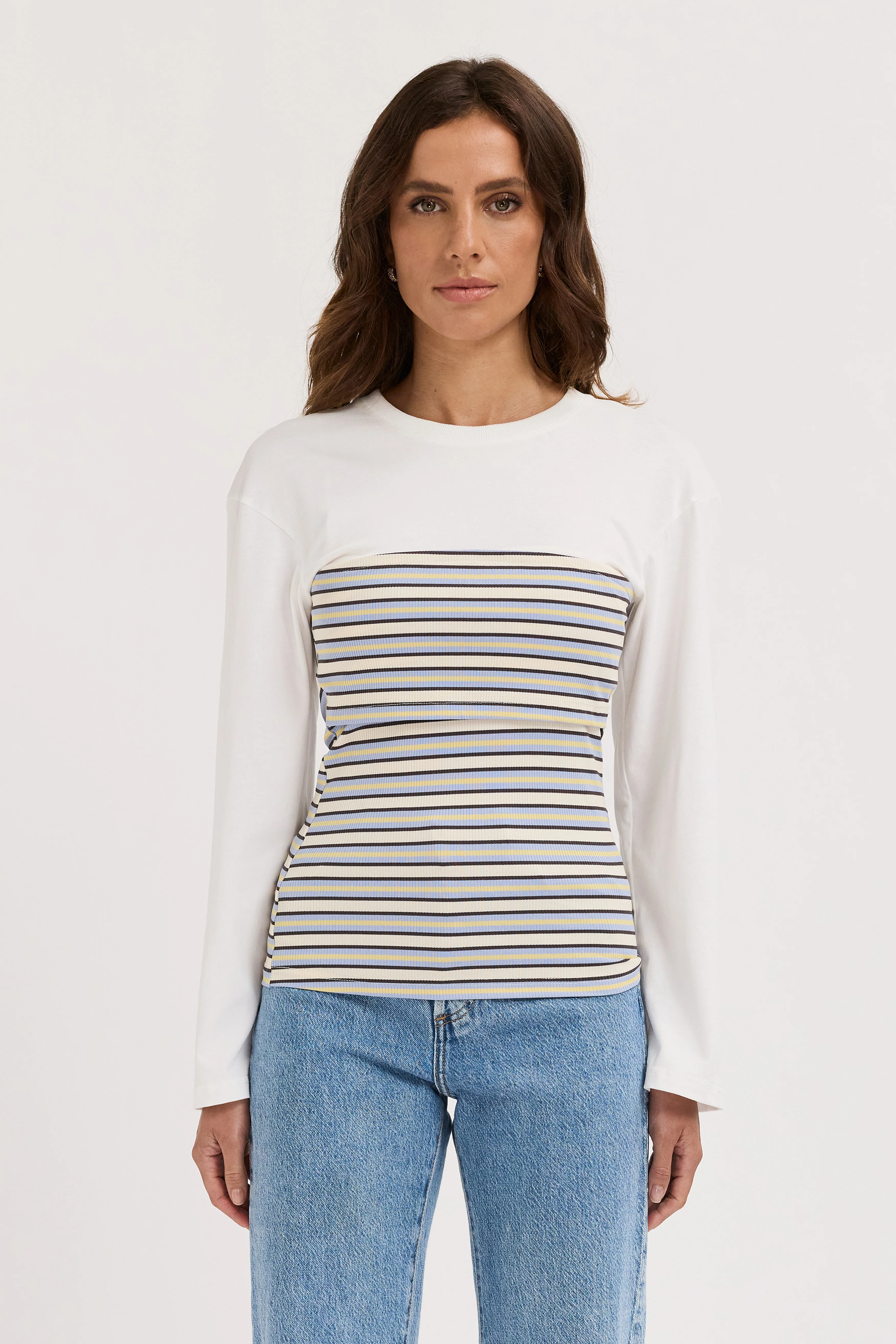 Jo Ribbed Bodice Long Sleeve Top - White / Multi Stripe - Image 3