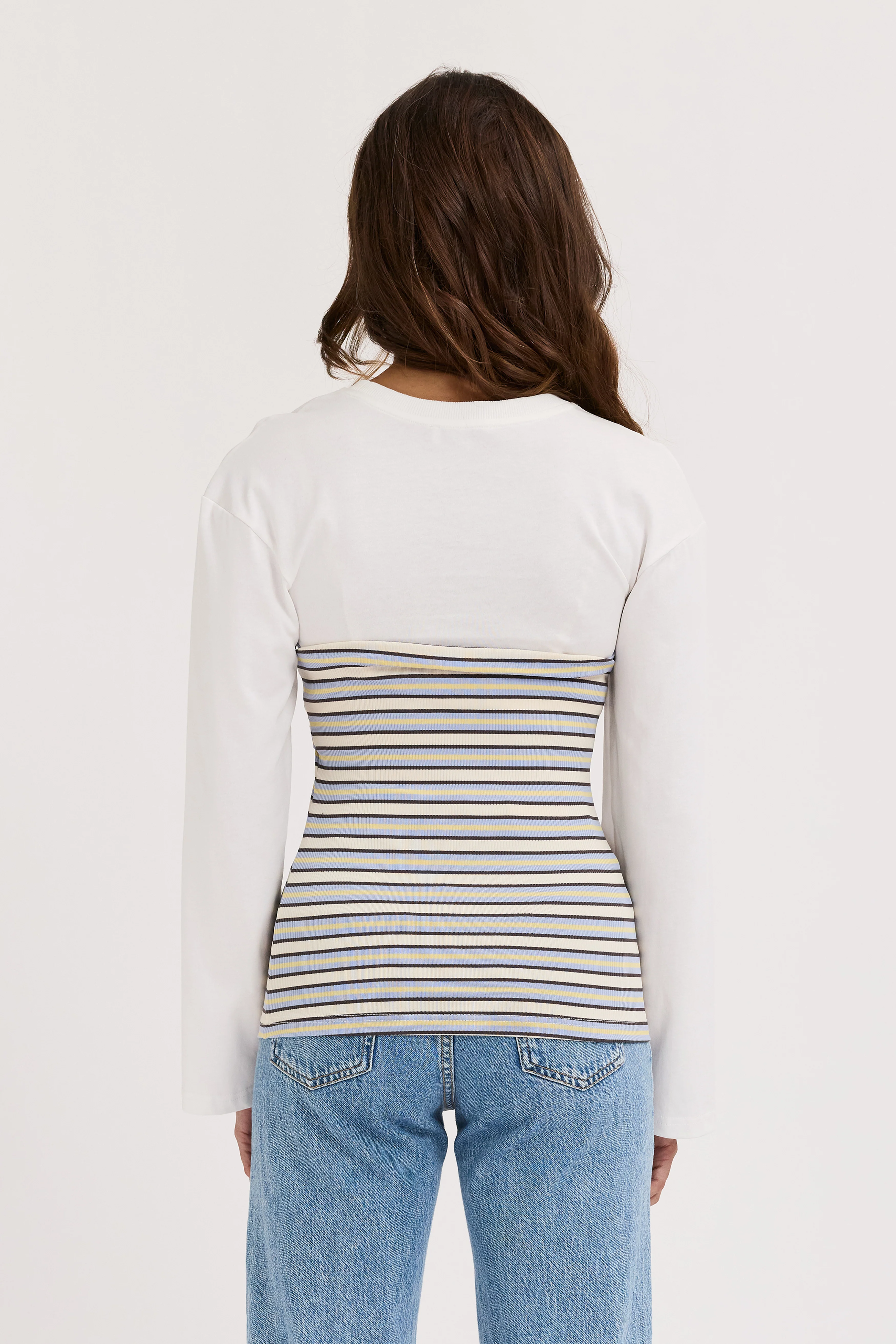 Jo Ribbed Bodice Long Sleeve Top - White / Multi Stripe - Image 4