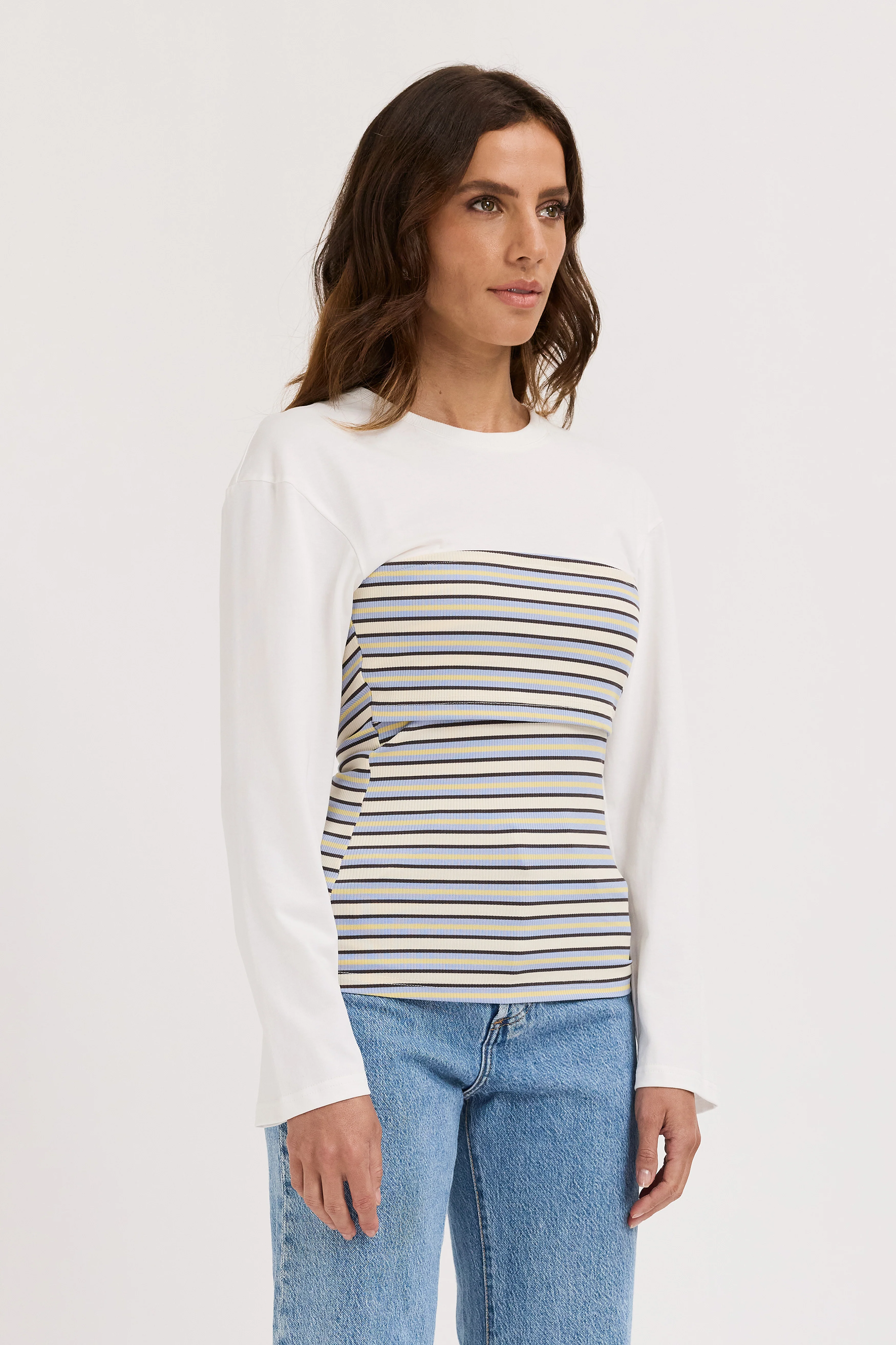 Jo Ribbed Bodice Long Sleeve Top - White / Multi Stripe - Image 5