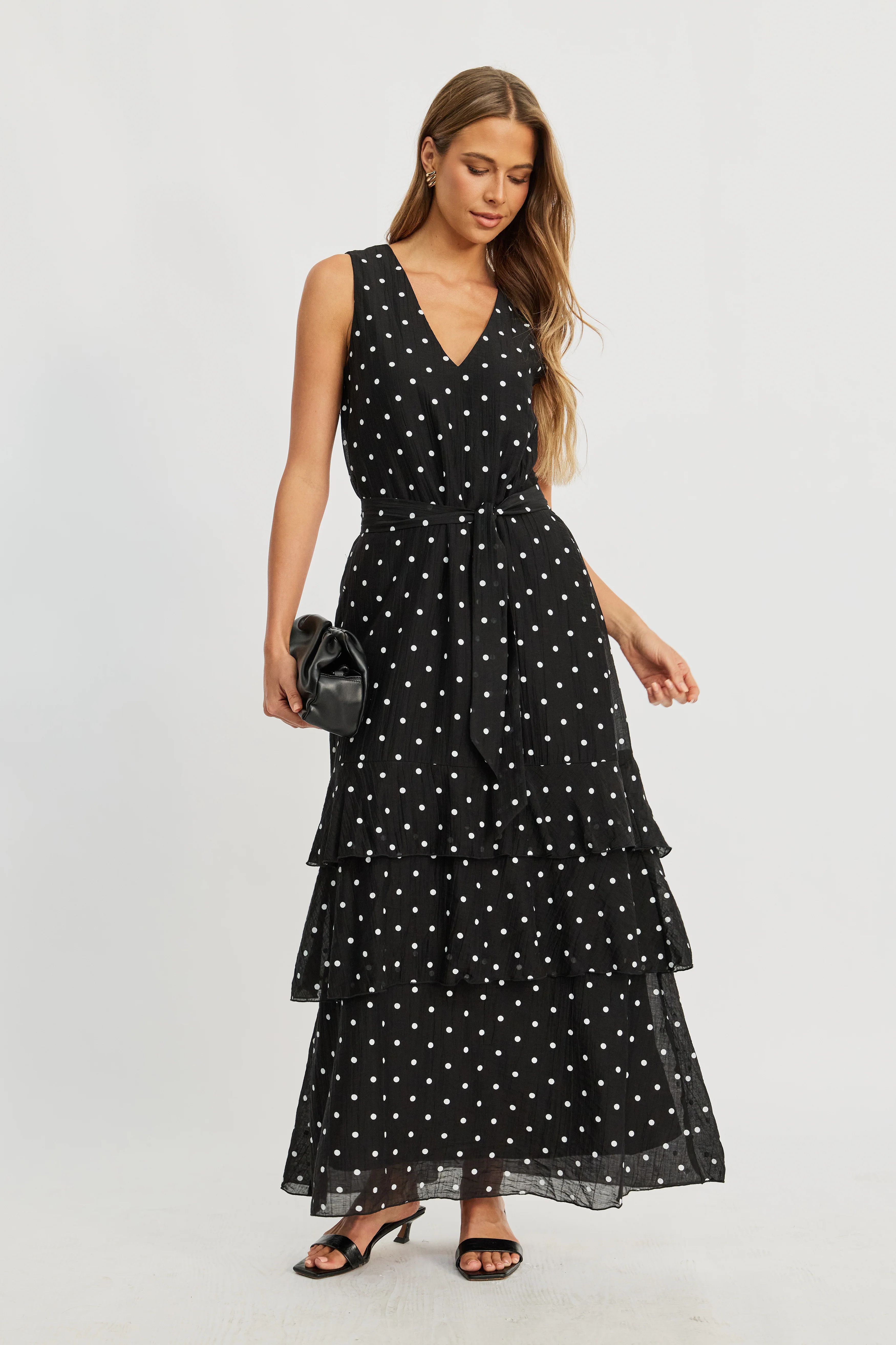 Maisie Polka-Dot Frill Maxi Dress - Black / White - Image 10