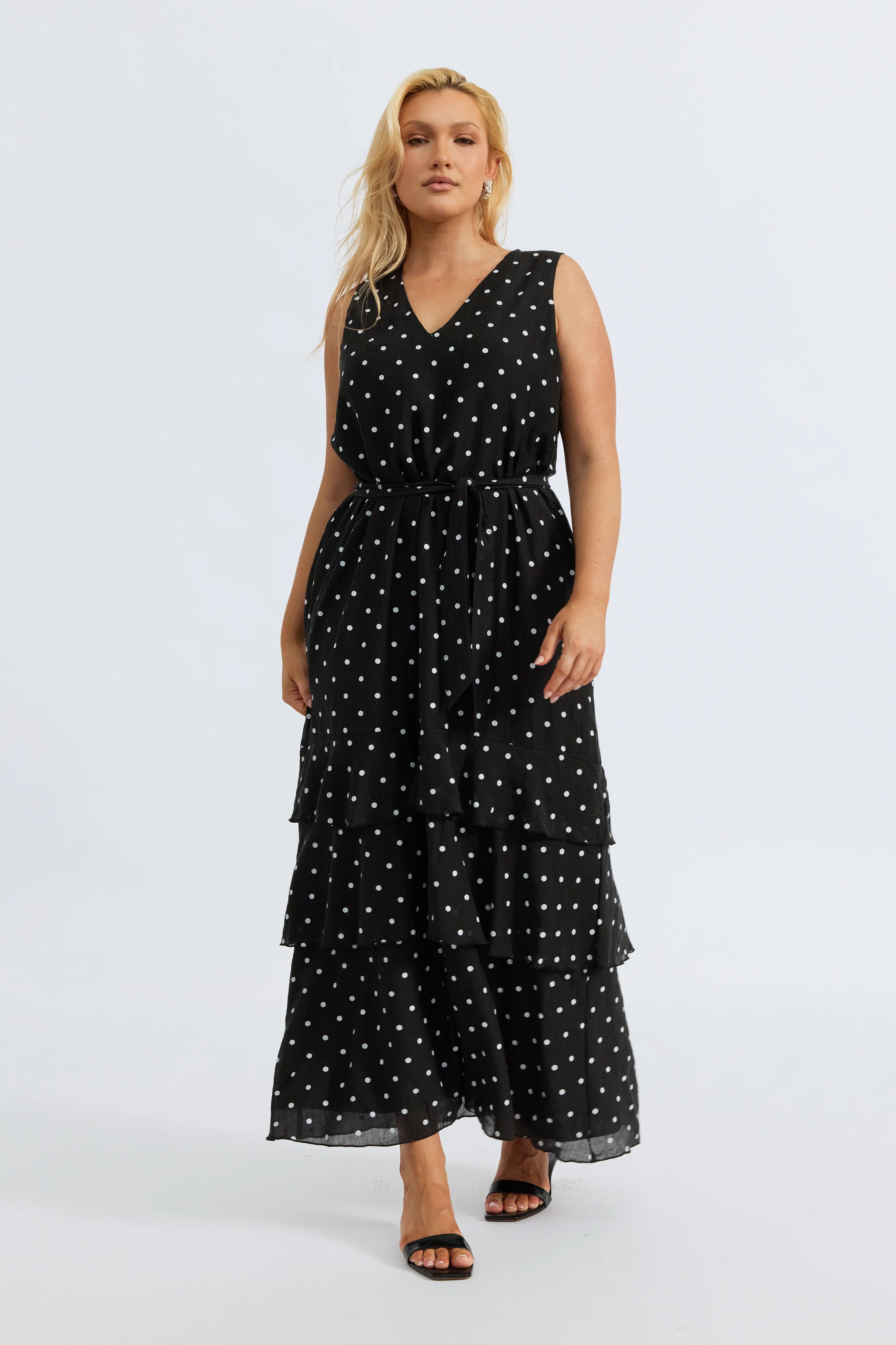 Maisie Polka-Dot Frill Maxi Dress - Black / White - Image 11