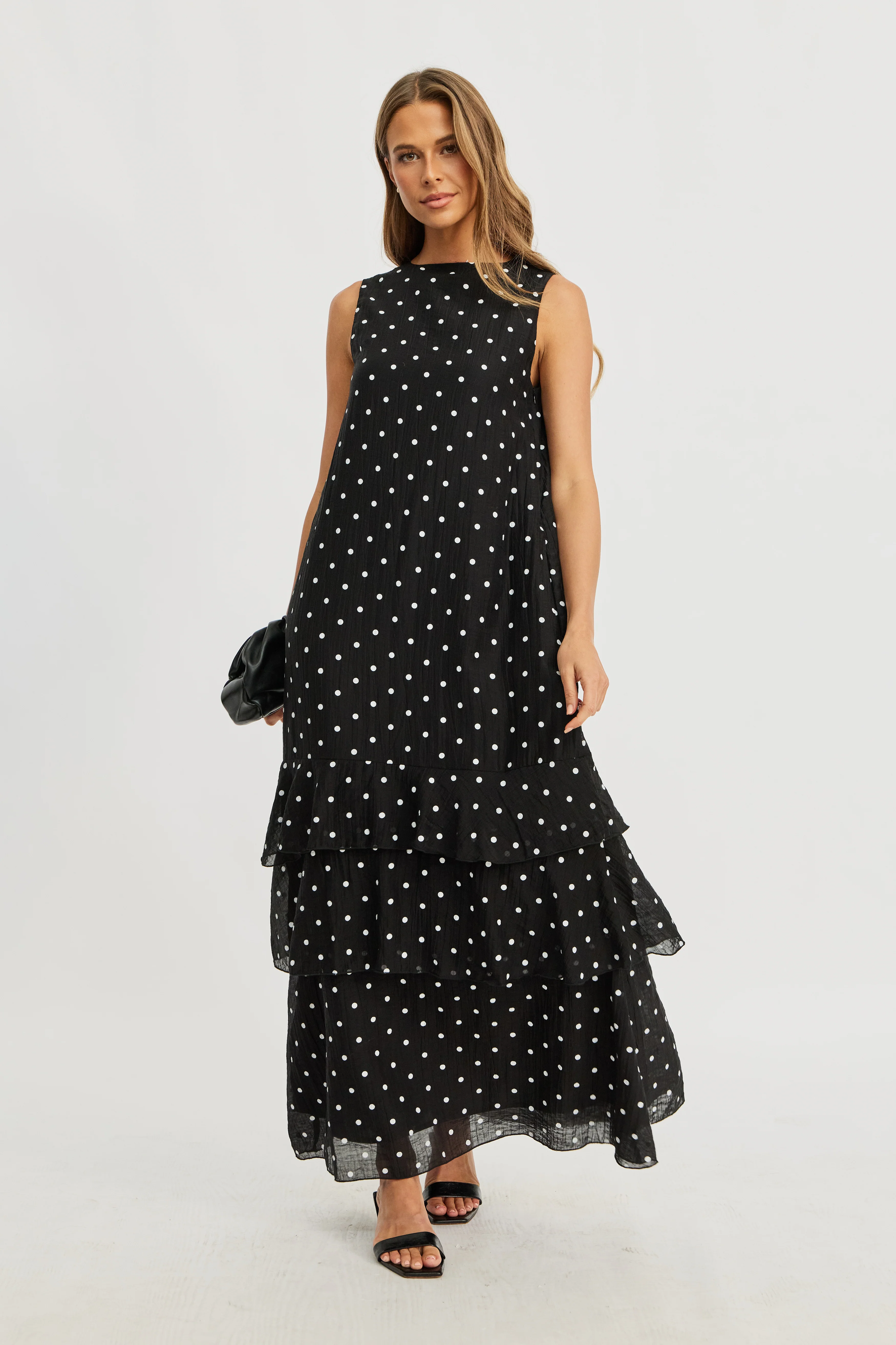 Maisie Polka-Dot Frill Maxi Dress - Black / White - Image 12