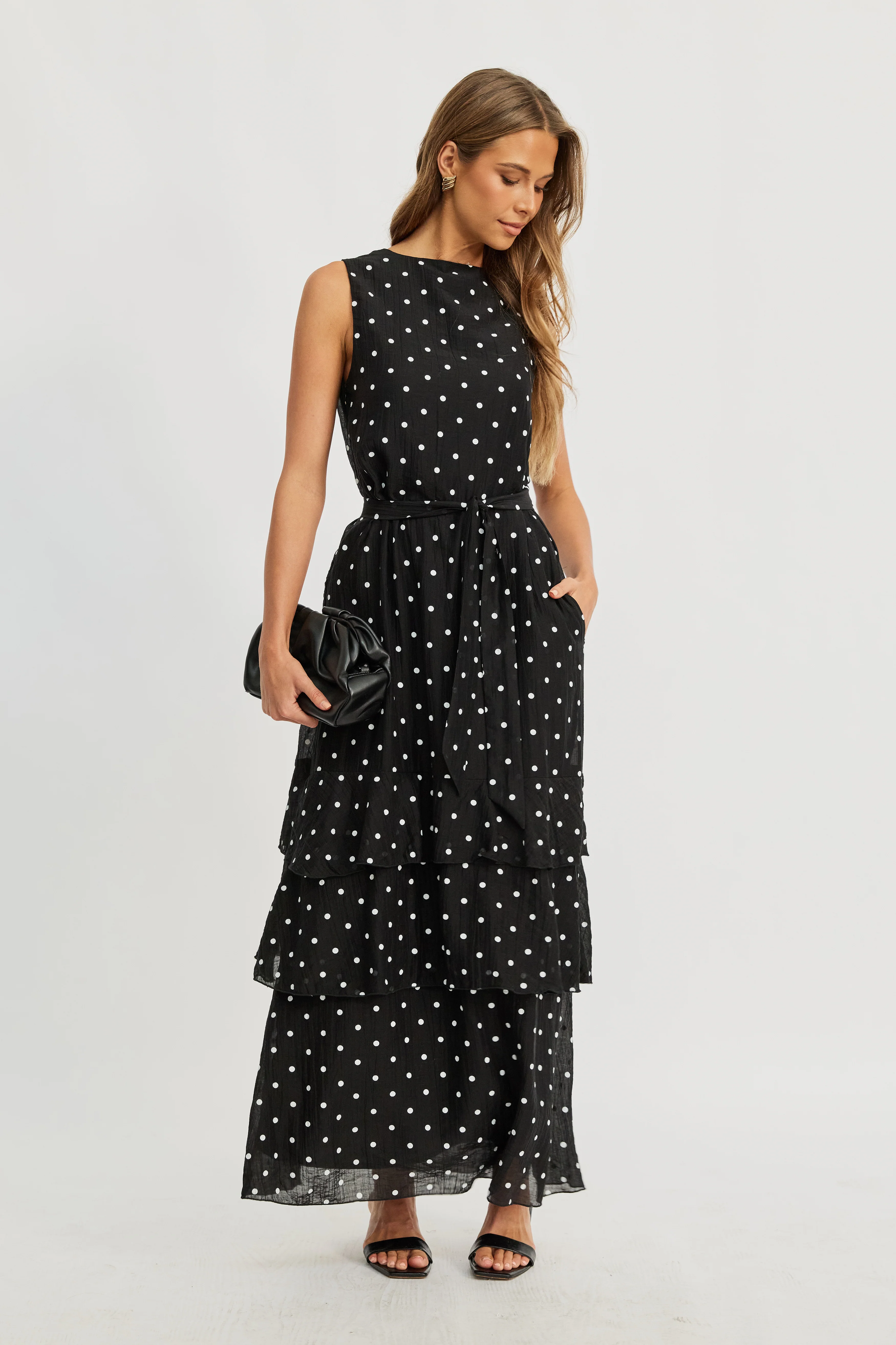 Maisie Polka-Dot Frill Maxi Dress - Black / White - Image 13