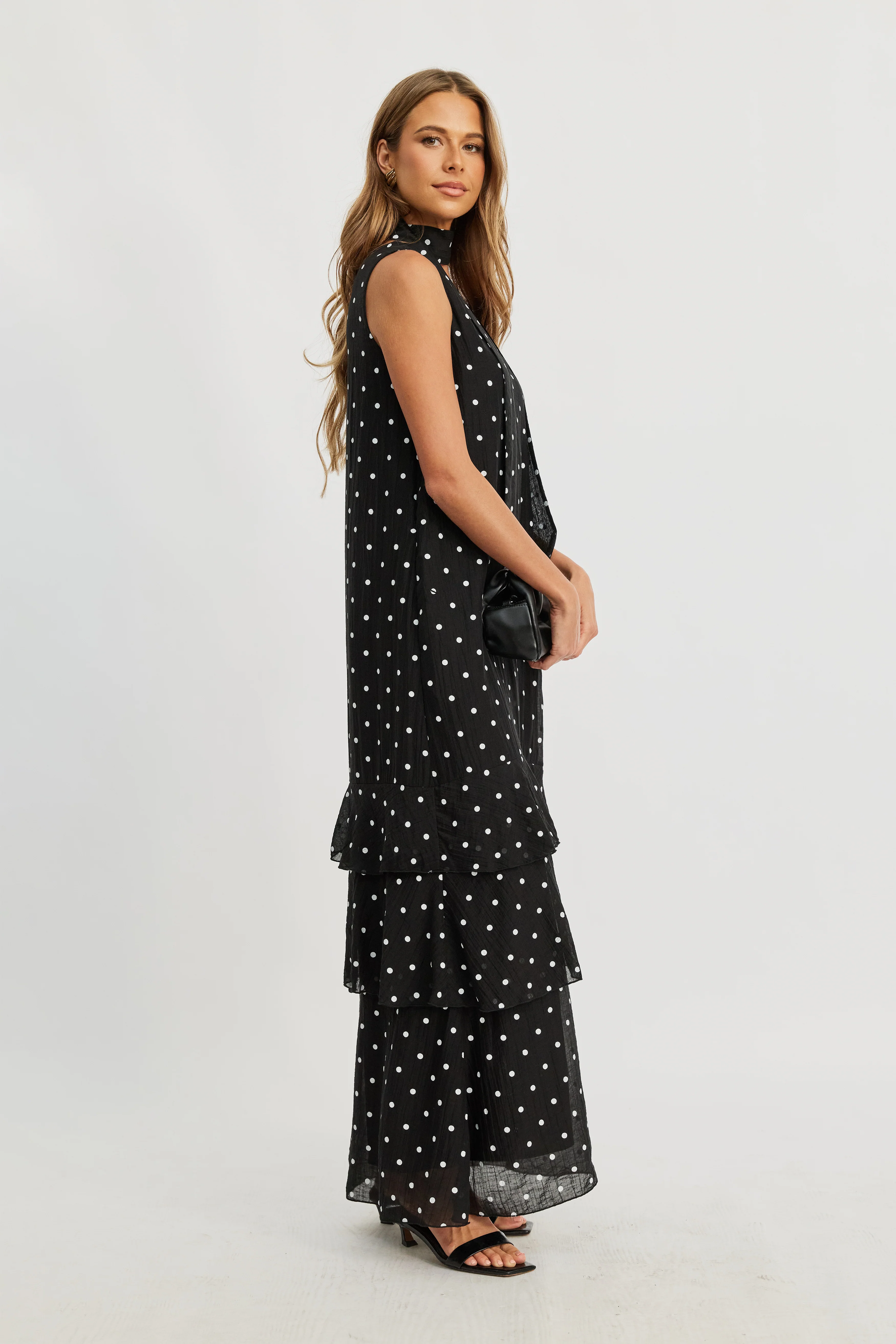Maisie Polka-Dot Frill Maxi Dress - Black / White - Image 14
