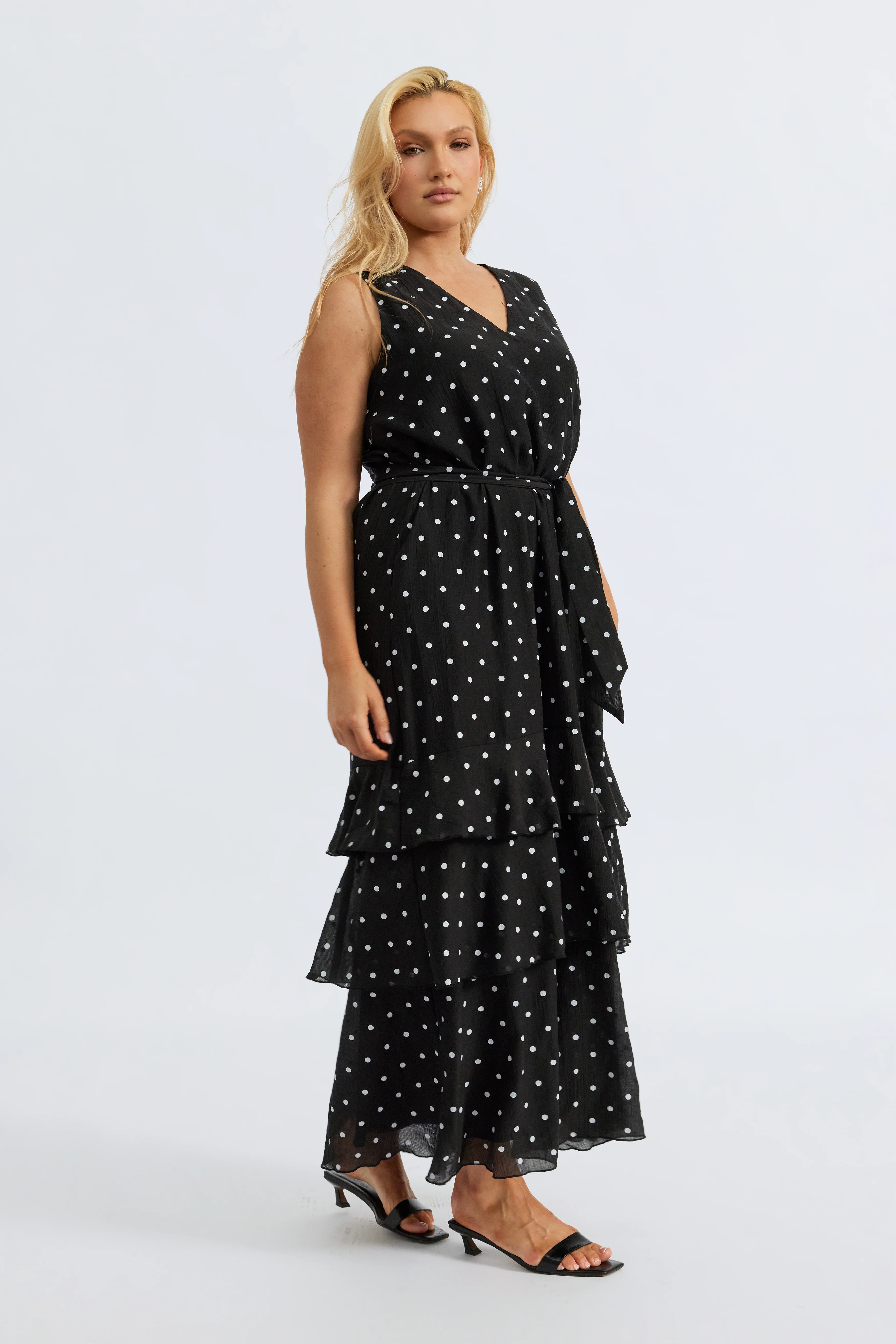Maisie Polka-Dot Frill Maxi Dress - Black / White - Image 15