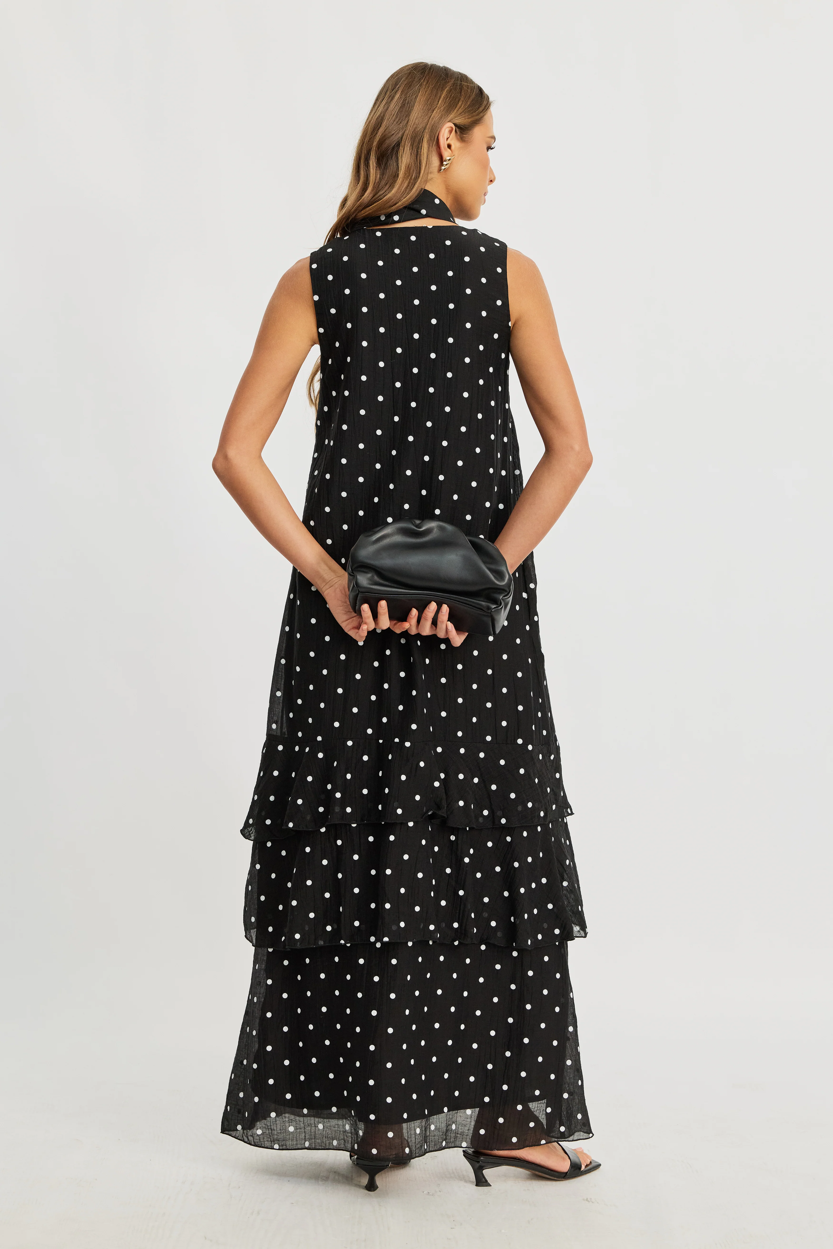 Maisie Polka-Dot Frill Maxi Dress - Black / White - Image 16