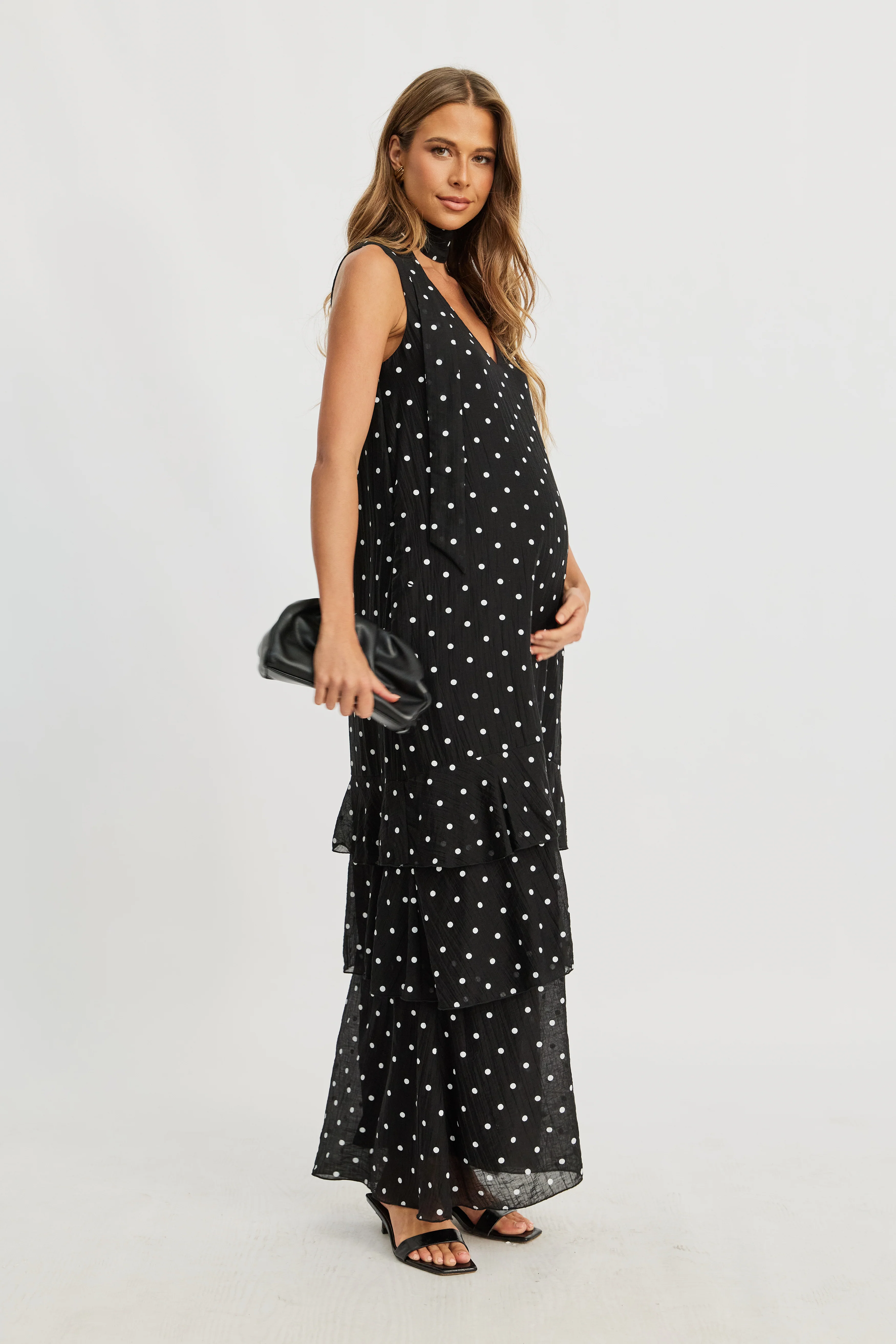 Maisie Polka-Dot Frill Maxi Dress - Black / White - Image 3