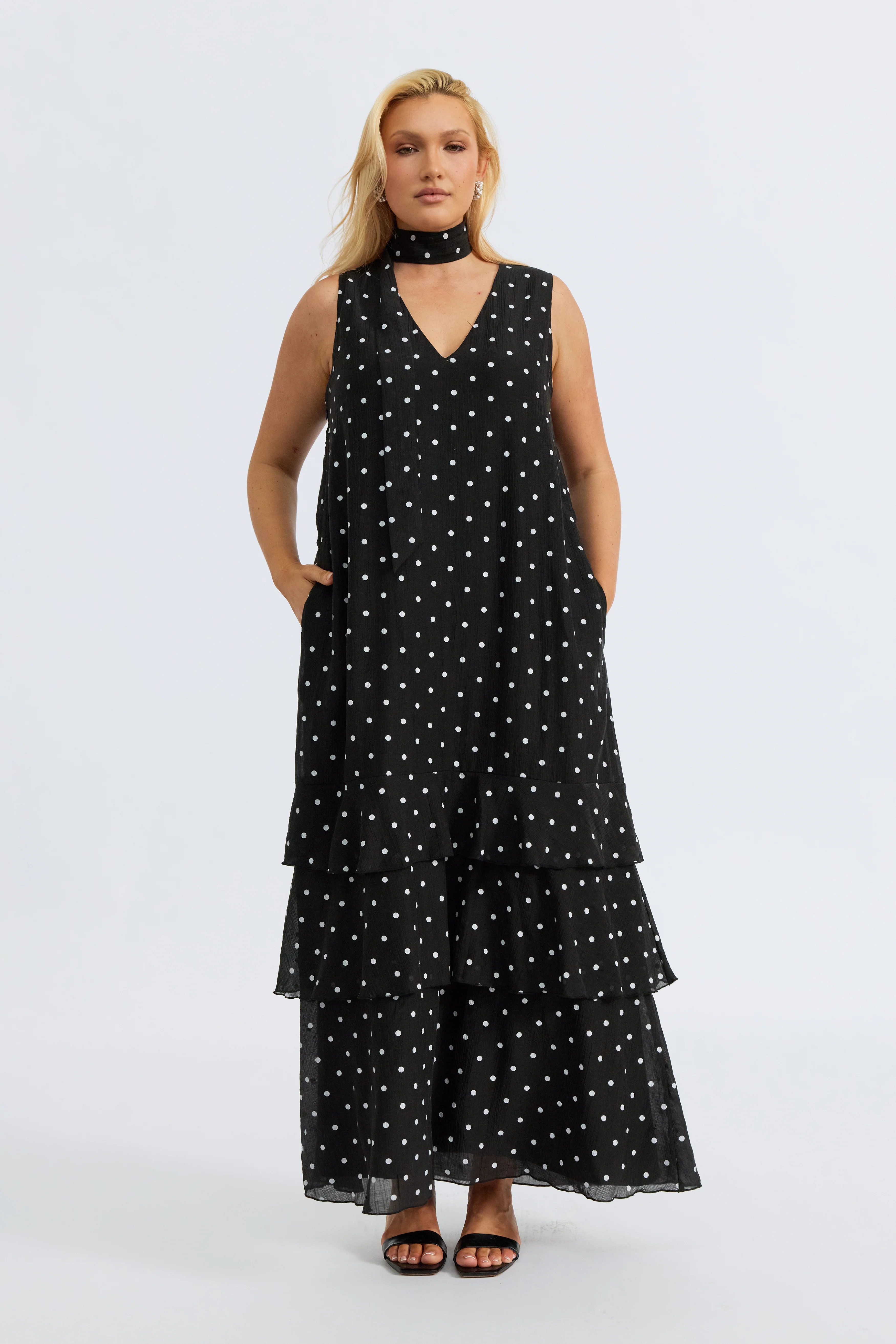 Maisie Polka-Dot Frill Maxi Dress - Black / White - Image 4