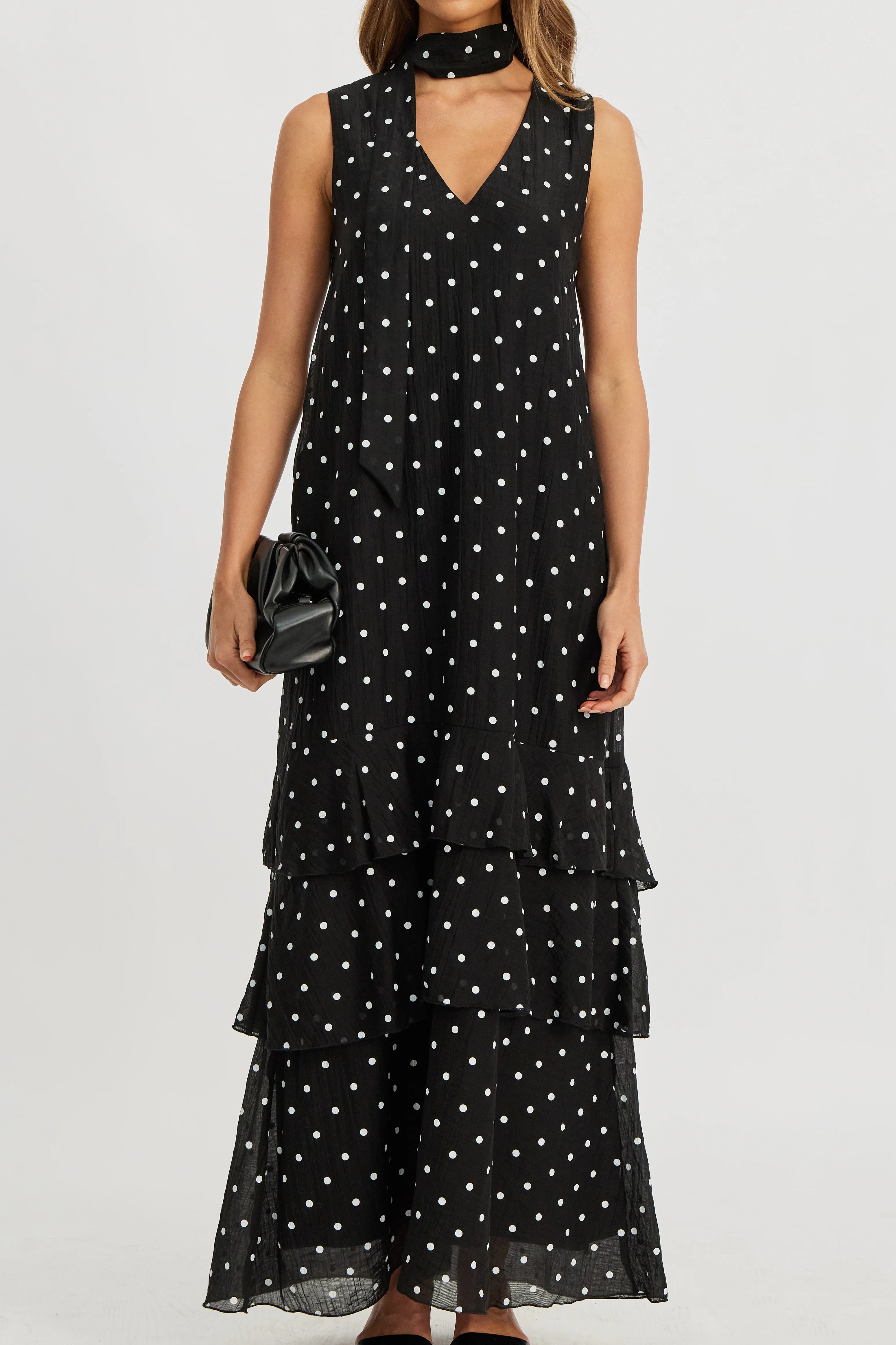 Maisie Polka-Dot Frill Maxi Dress - Black / White - Image 6