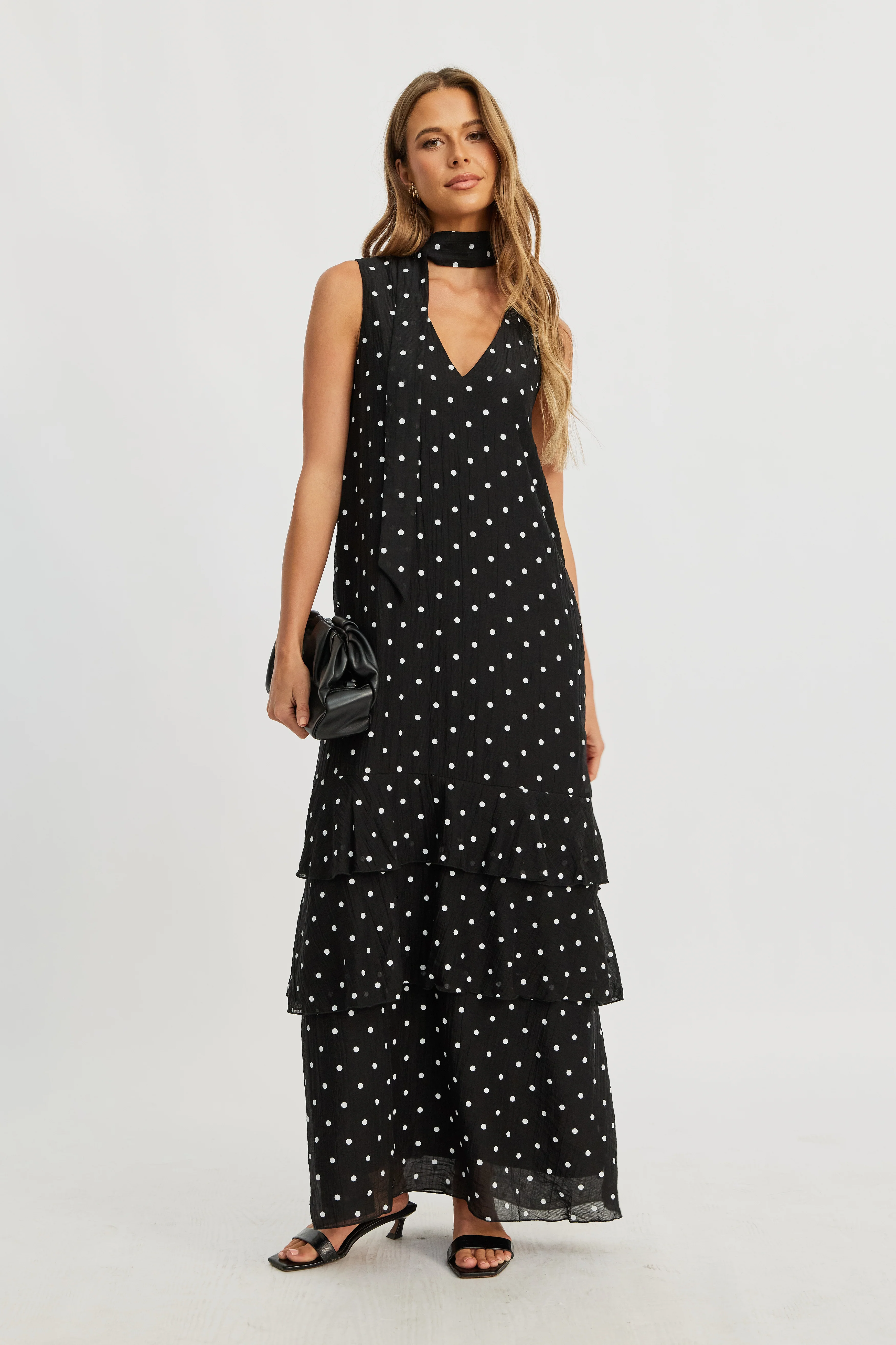 Maisie Polka-Dot Frill Maxi Dress - Black / White - Image 7
