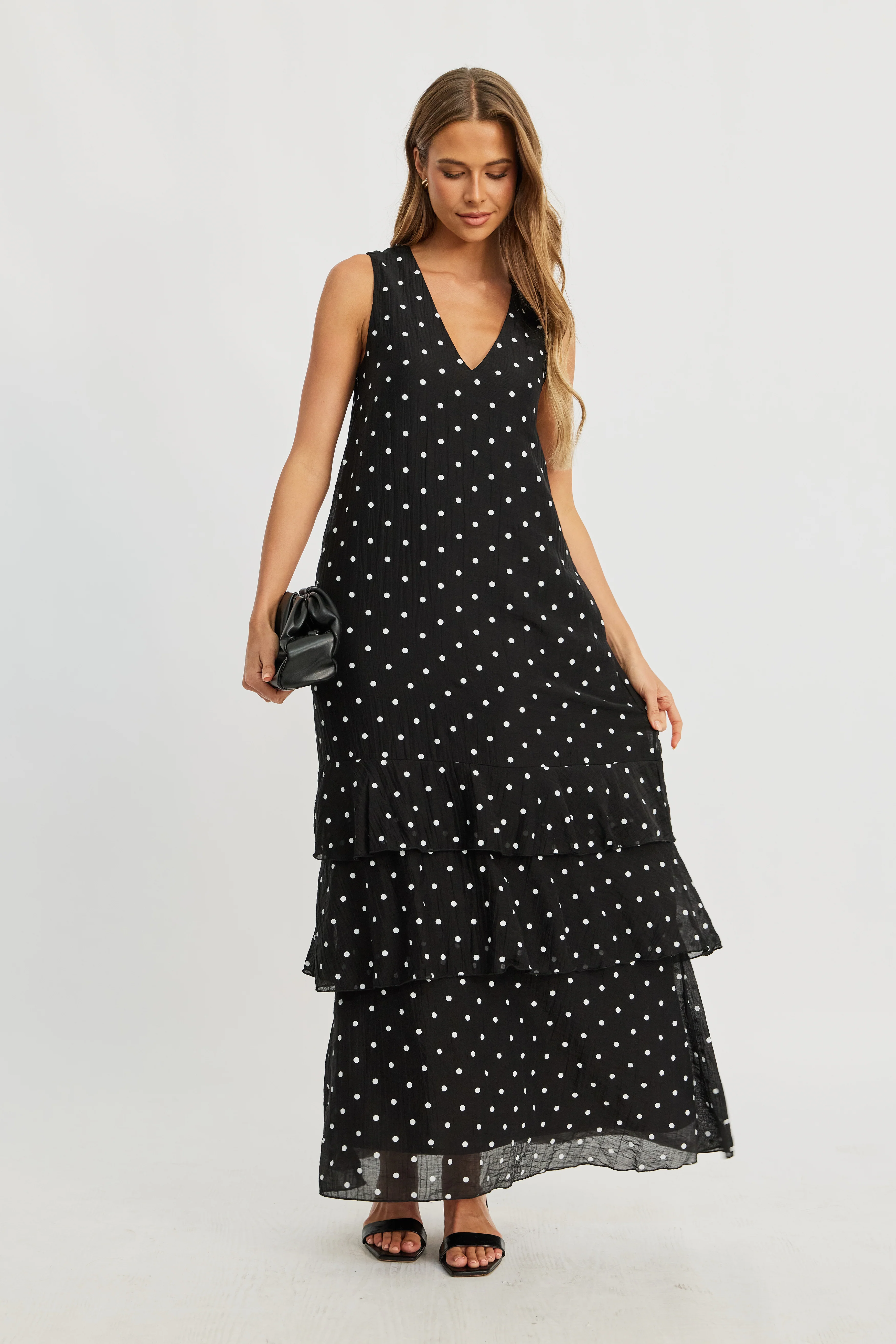 Maisie Polka-Dot Frill Maxi Dress - Black / White - Image 8