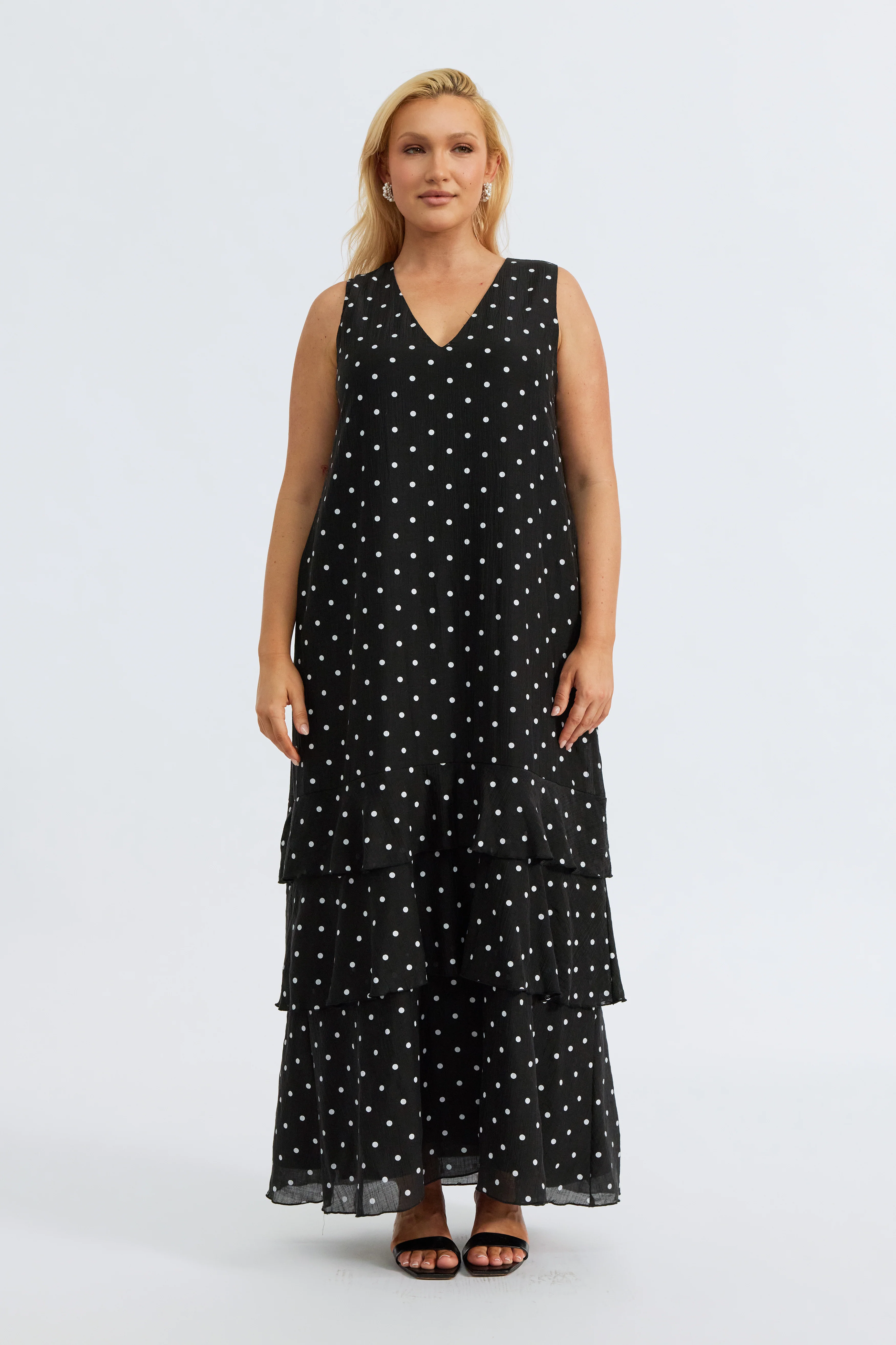 Maisie Polka-Dot Frill Maxi Dress - Black / White - Image 9