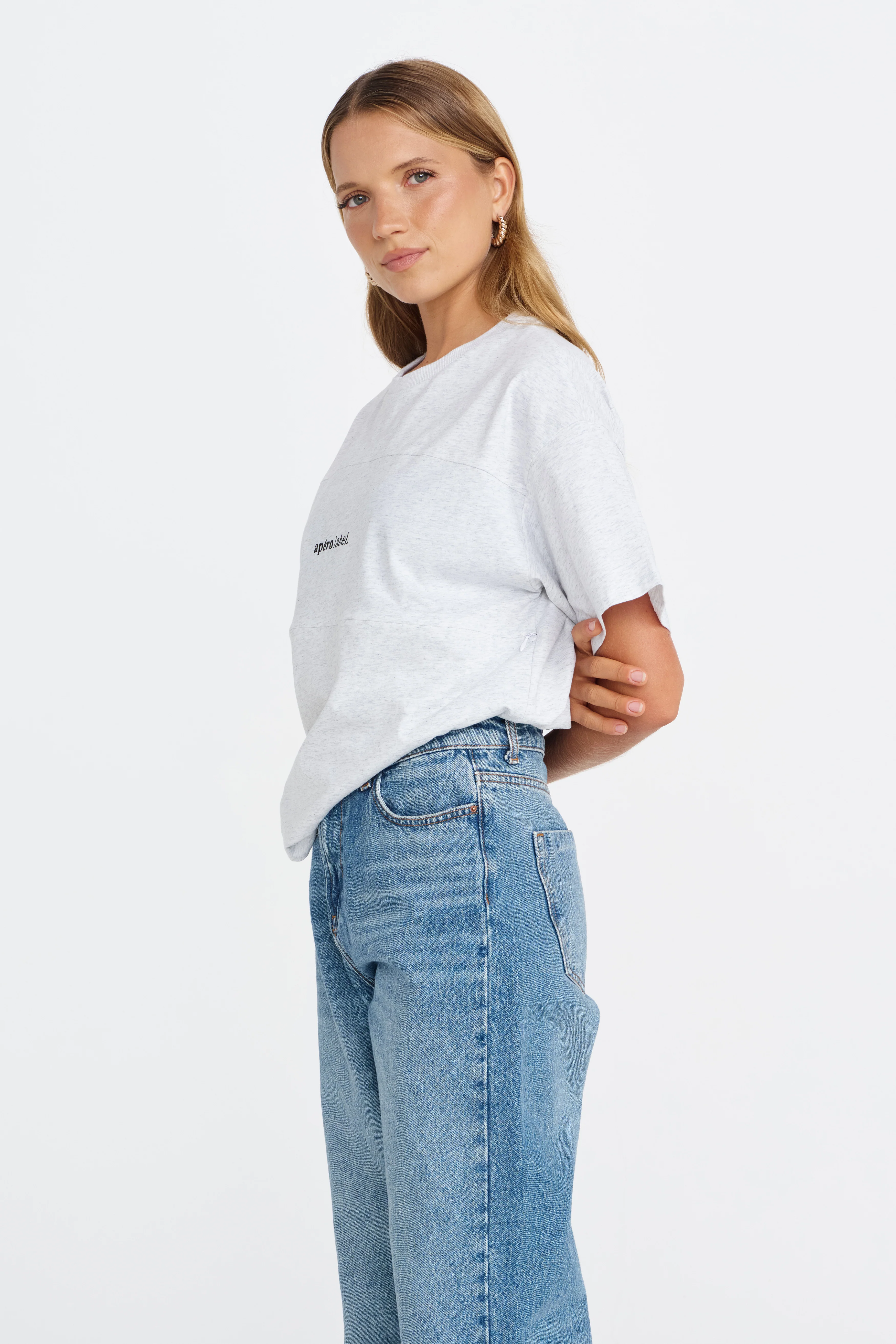 Minimalist Embroidered Longline Tee - Grey Marle / Black - Image 4