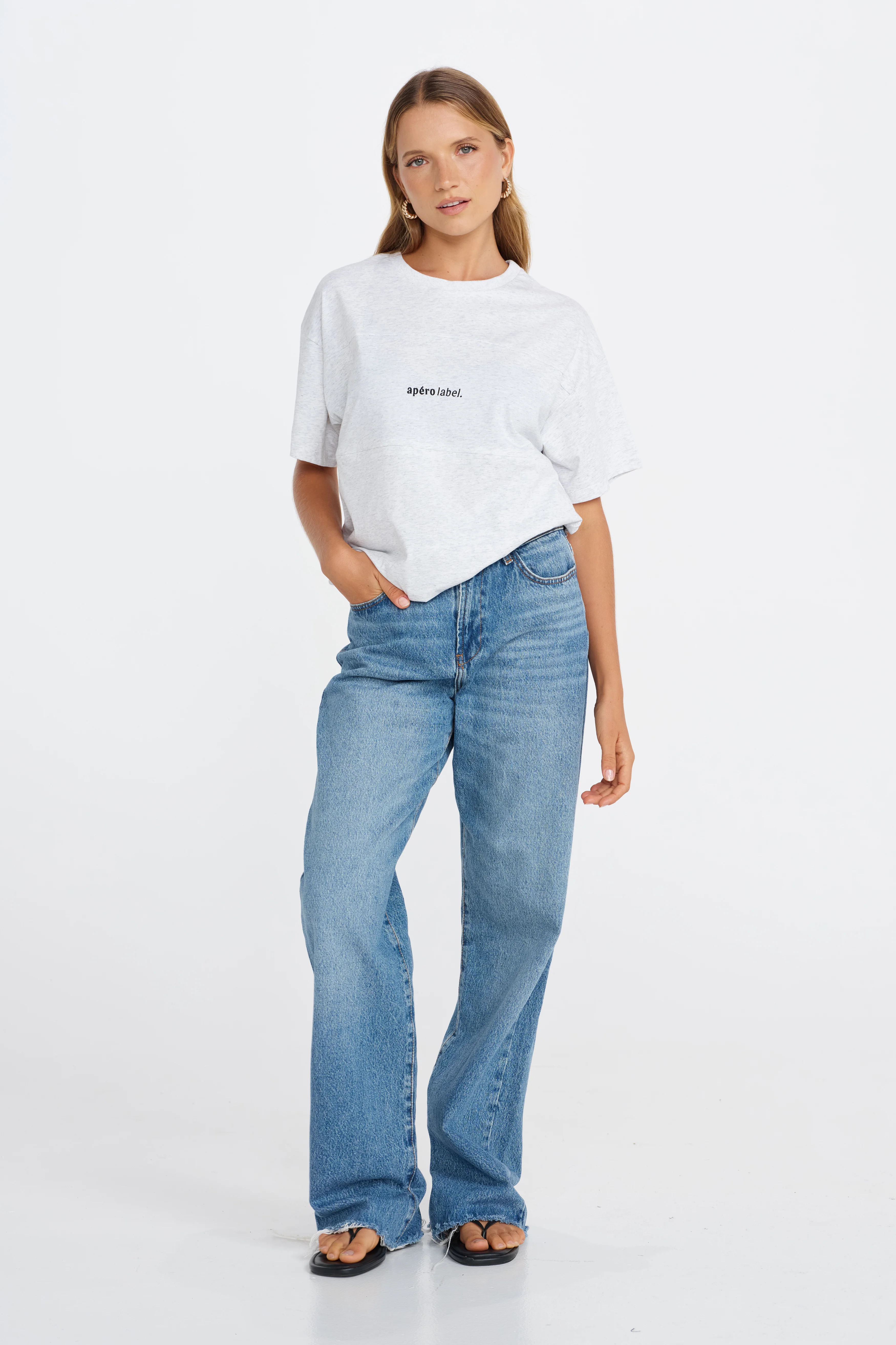 Minimalist Embroidered Longline Tee - Grey Marle / Black - Image 6
