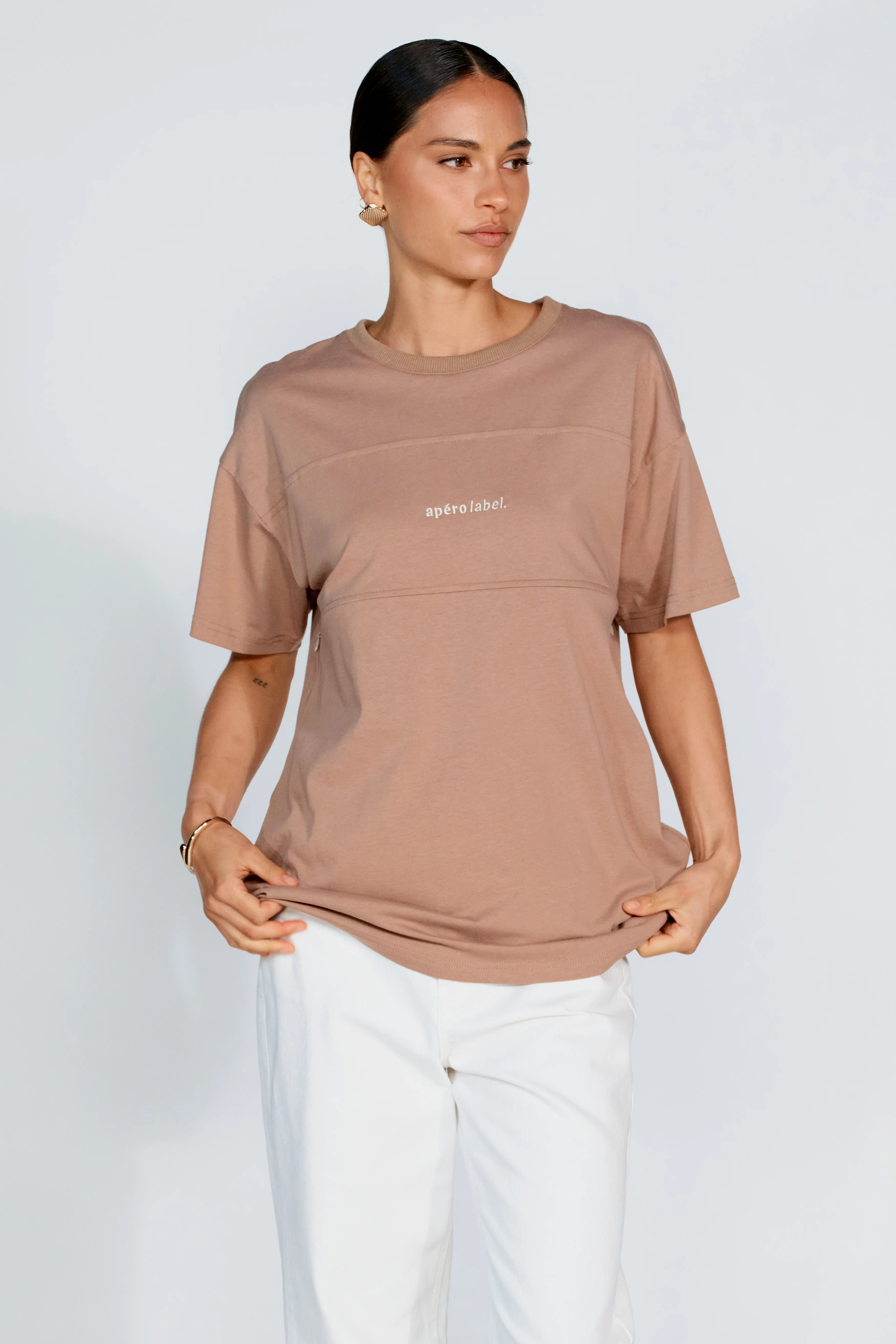 Minimalist Embroidered Longline Tee - Mocha / Cream - Image 3