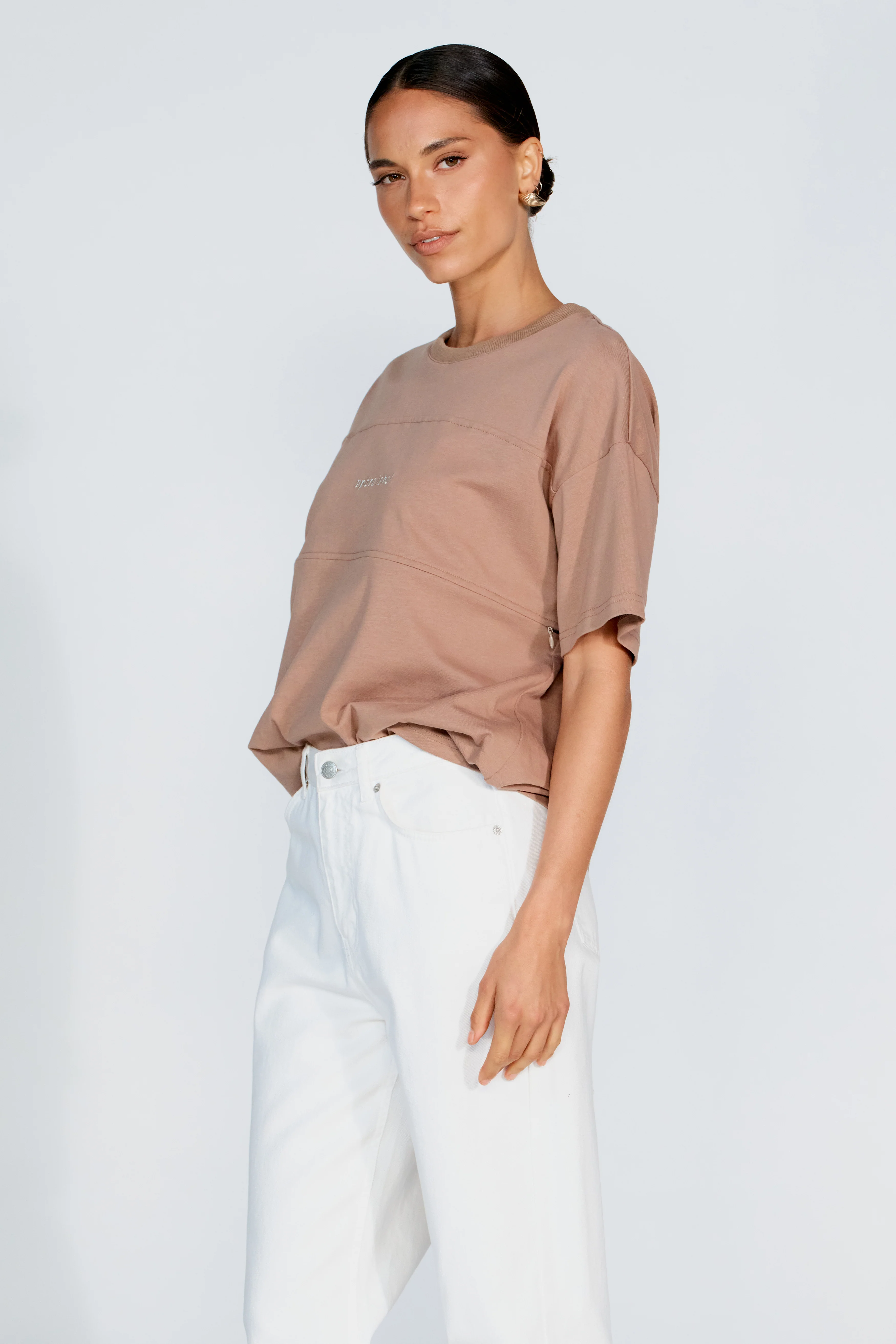 Minimalist Embroidered Longline Tee - Mocha / Cream - Image 4