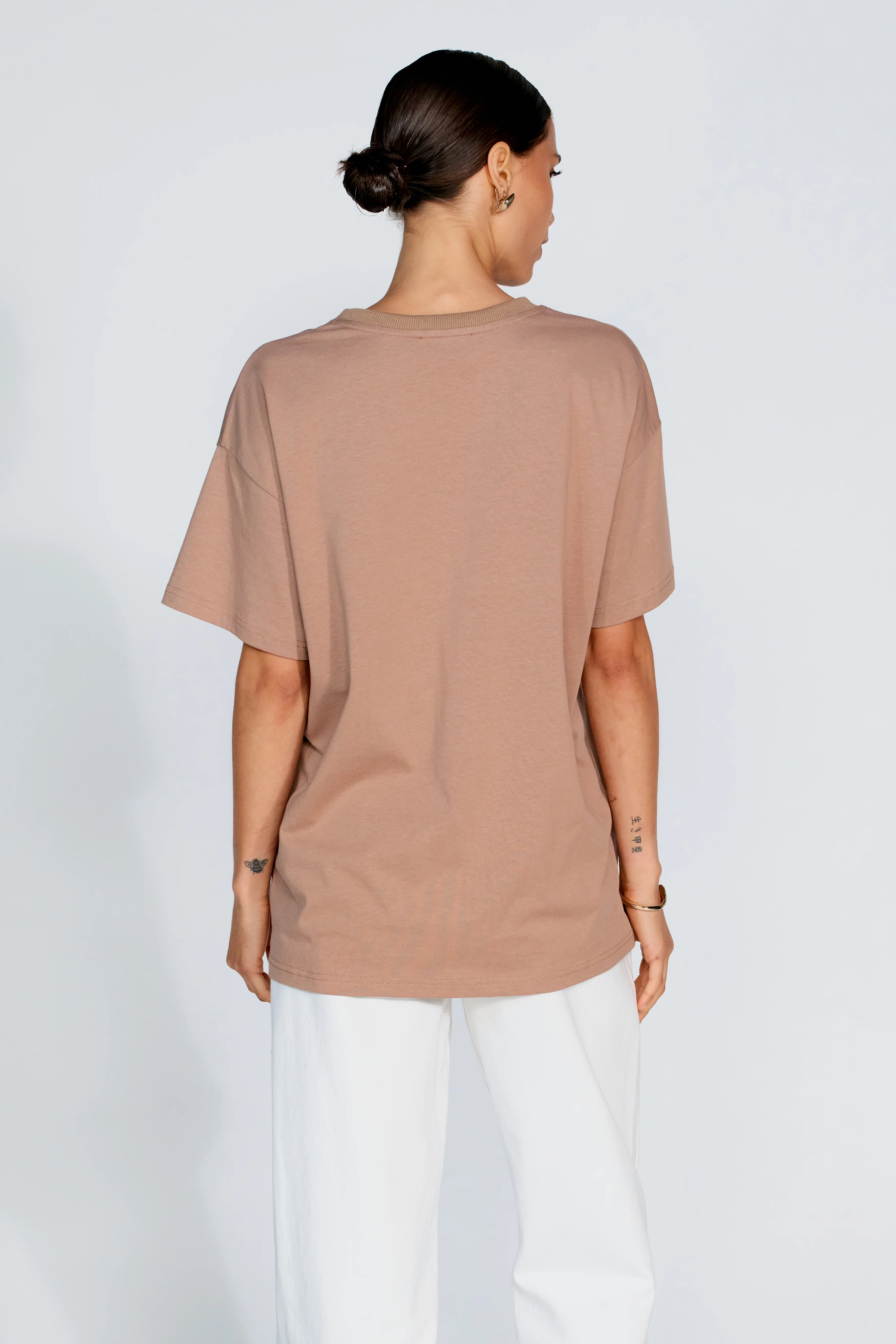 Minimalist Embroidered Longline Tee - Mocha / Cream - Image 5
