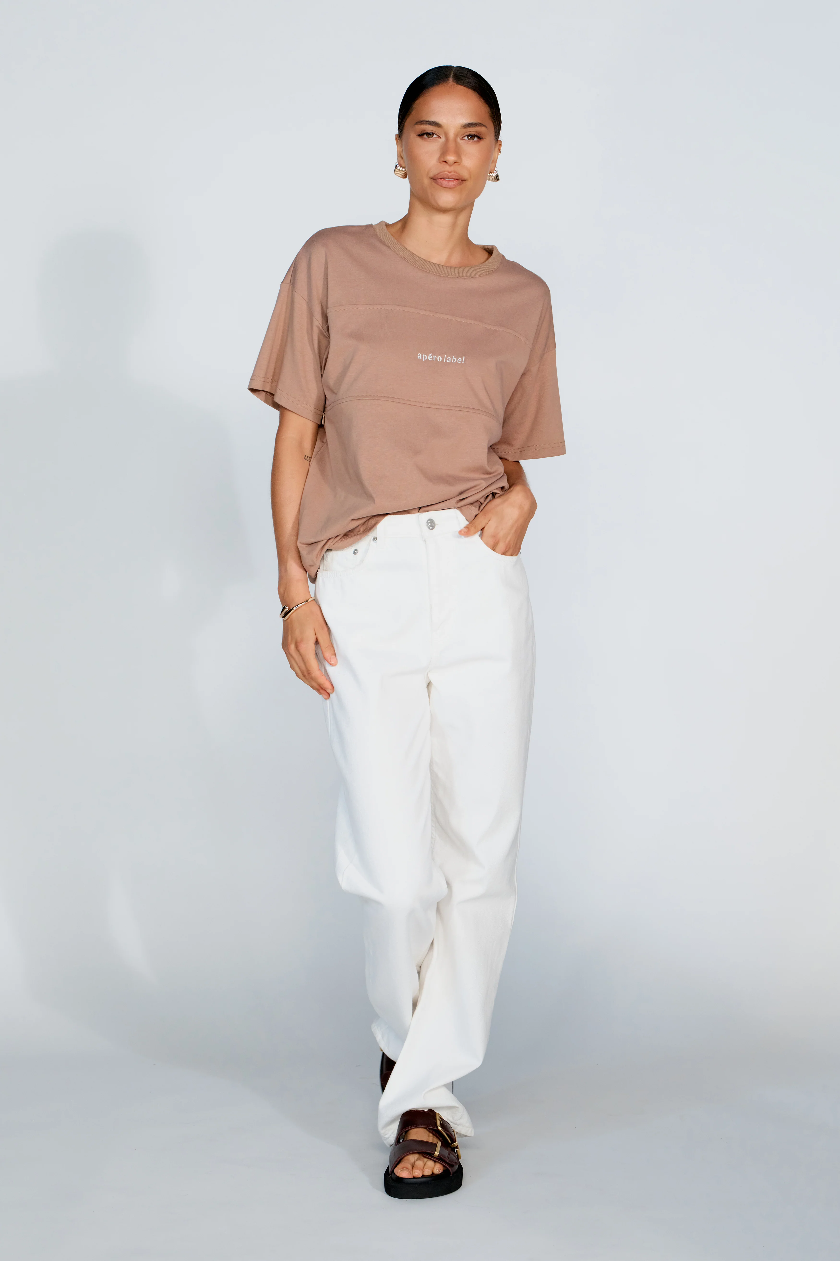 Minimalist Embroidered Longline Tee - Mocha / Cream - Image 6