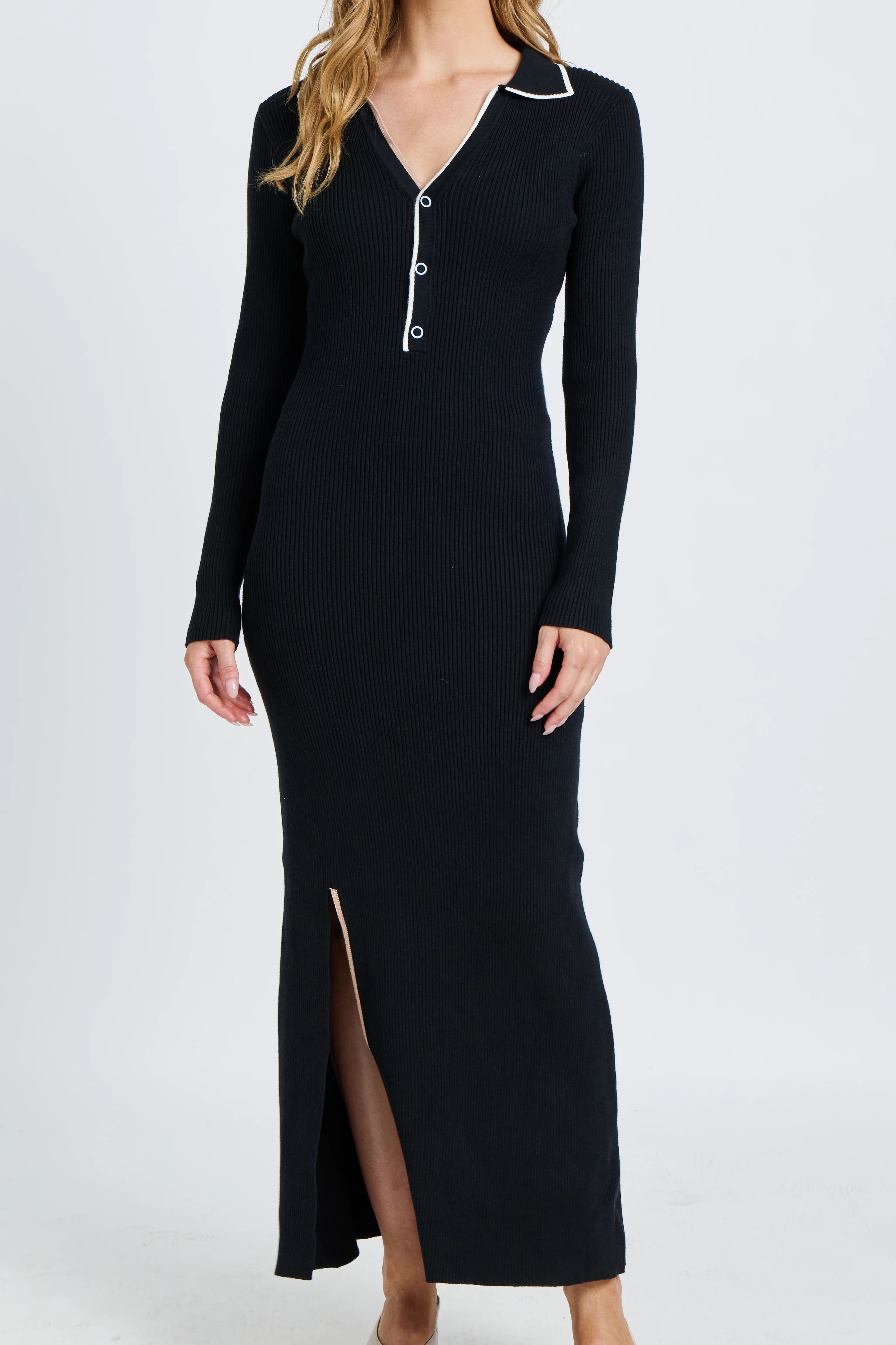 Monica Polo Knit Midi Dress - Black / White / Beige - Image 4