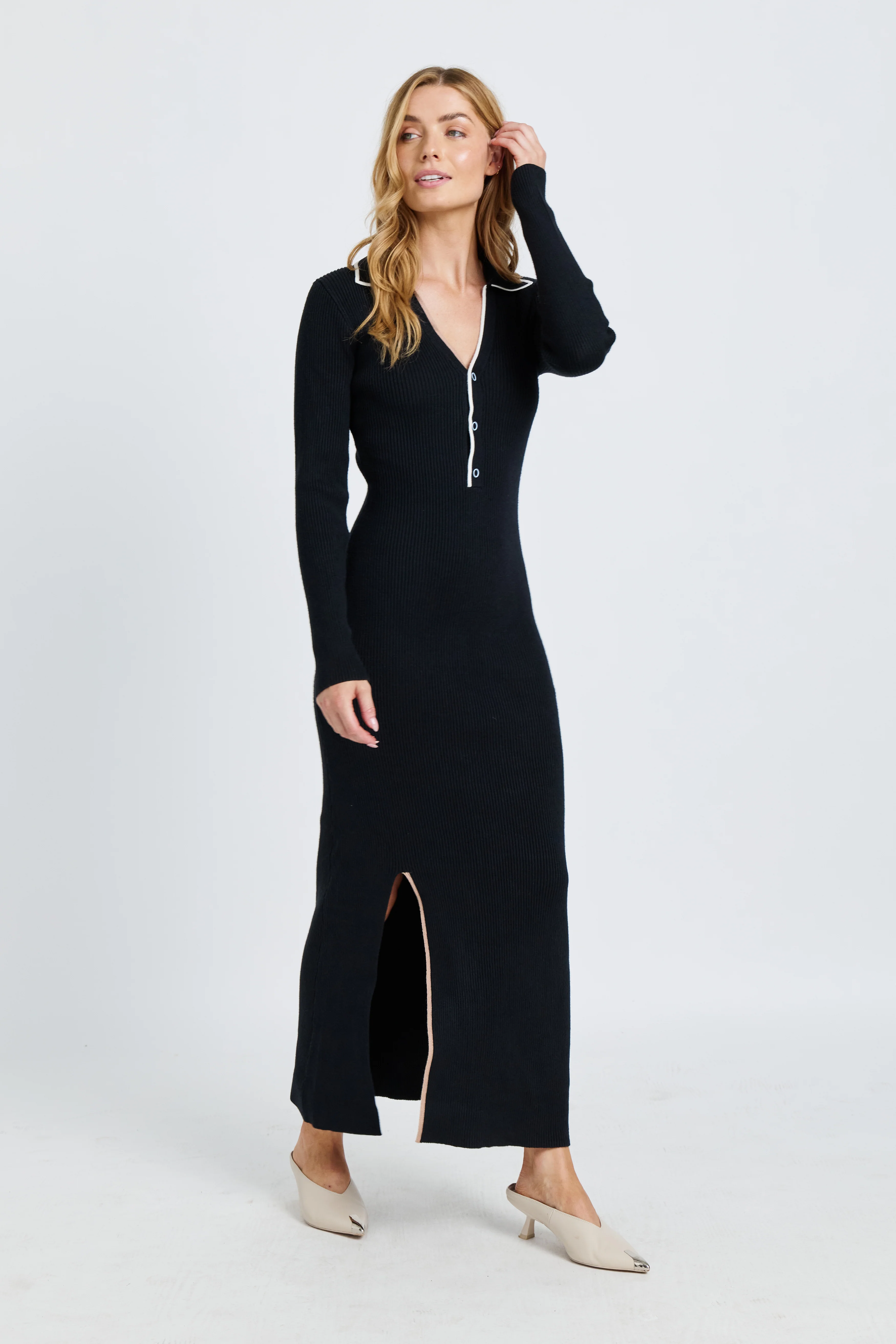 Monica Polo Knit Midi Dress - Black / White / Beige - Image 5