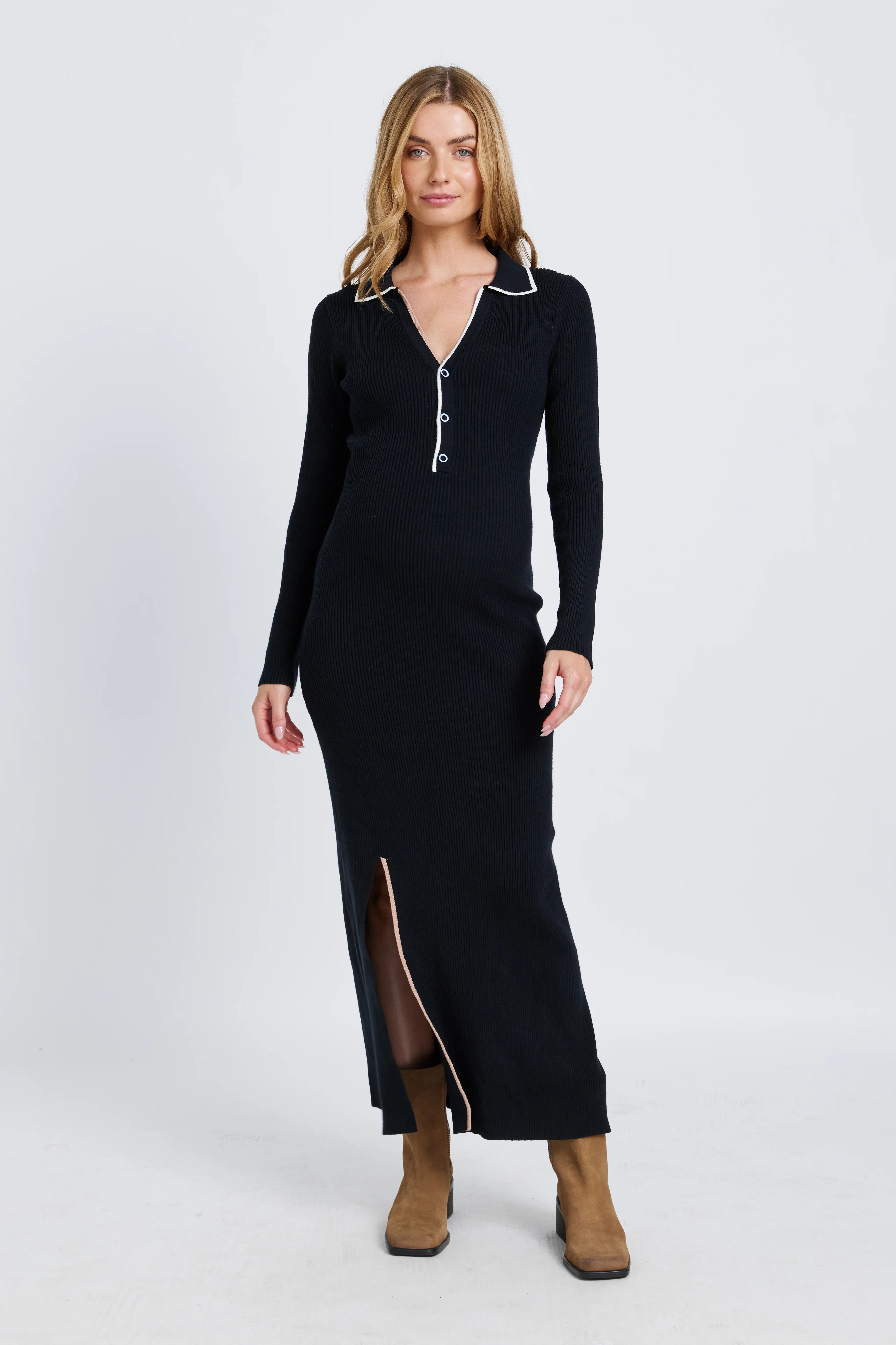 Monica Polo Knit Midi Dress - Black / White / Beige - Image 8