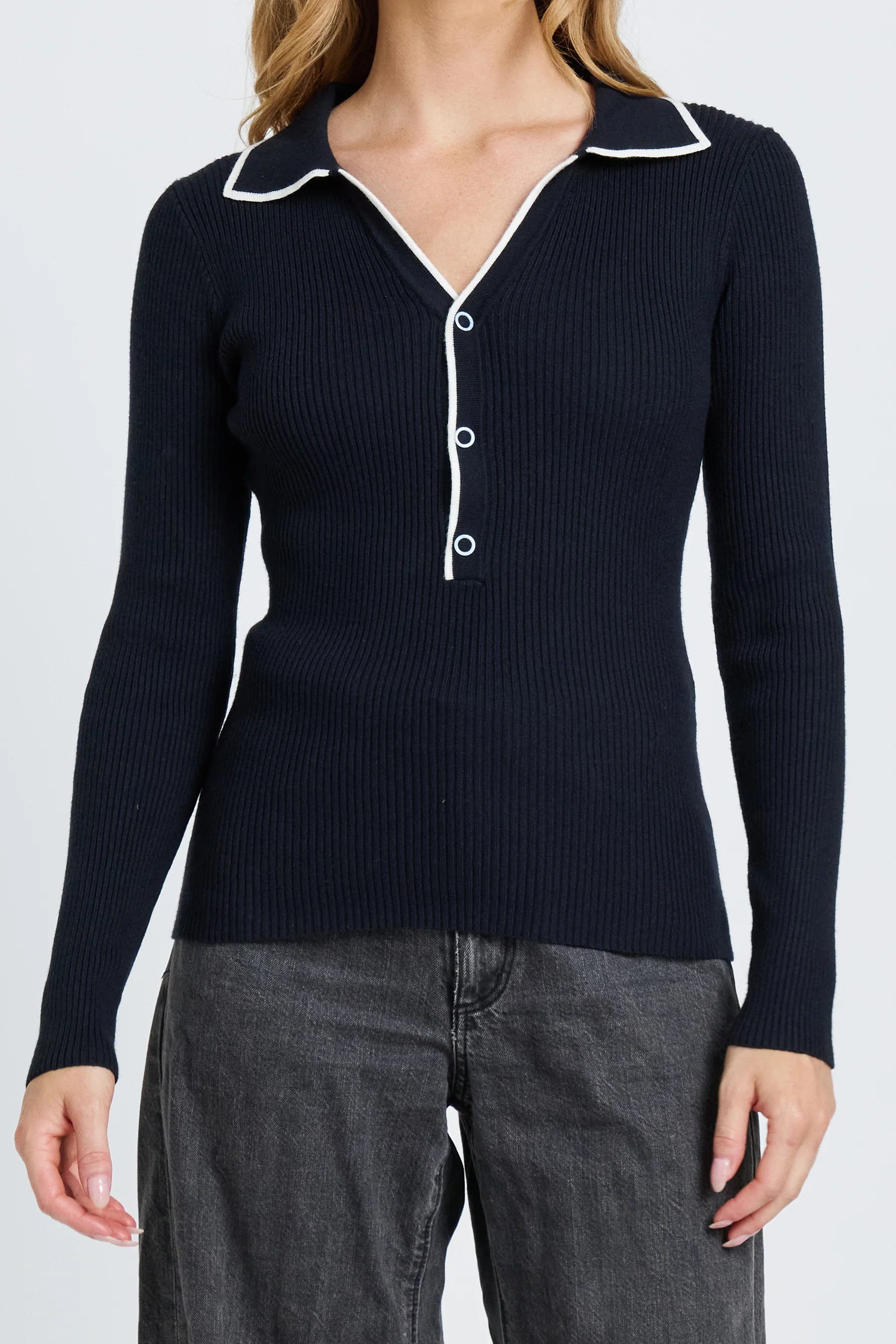 Monica Polo Knit Top - Navy / White - Image 3