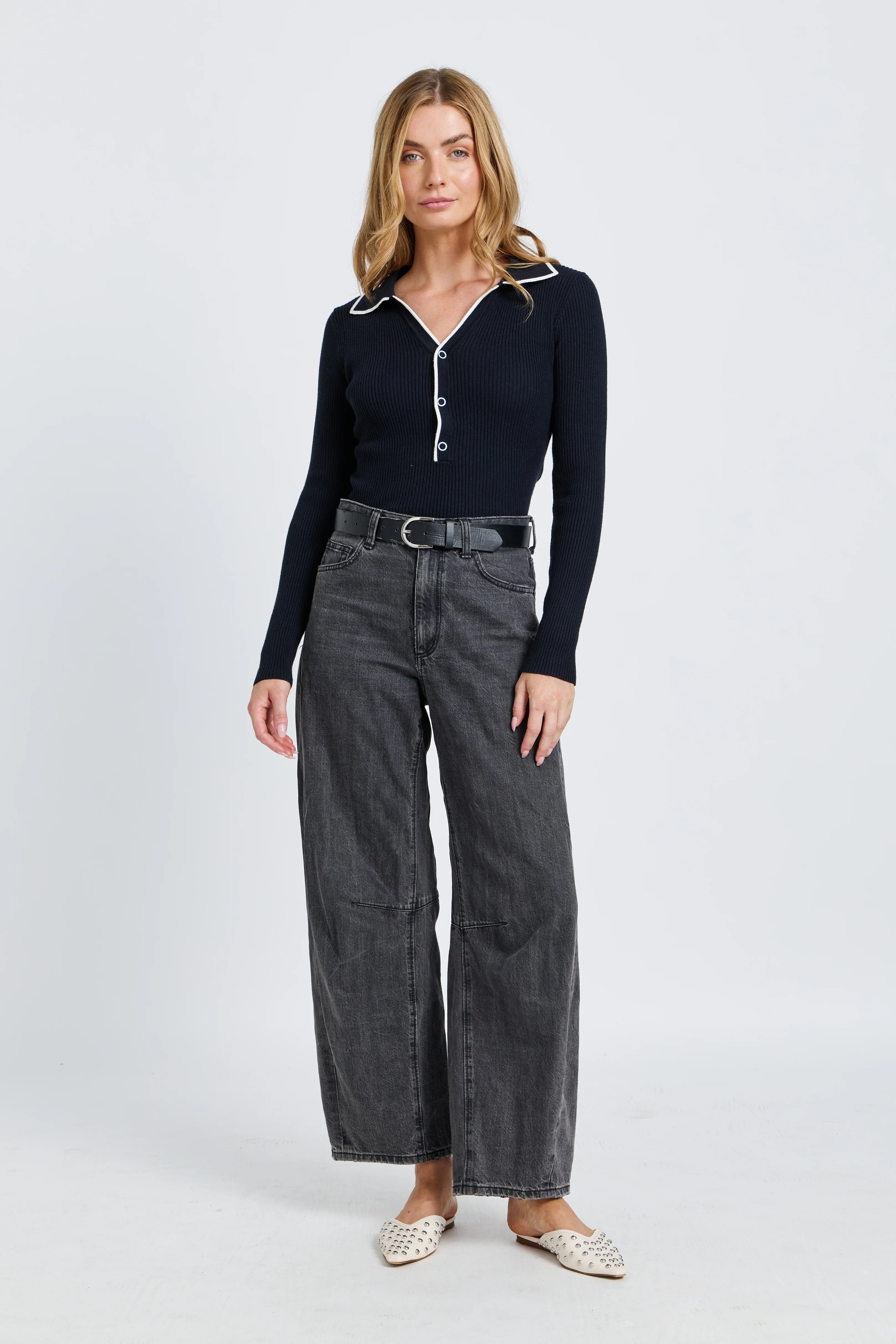 Monica Polo Knit Top - Navy / White - Image 4
