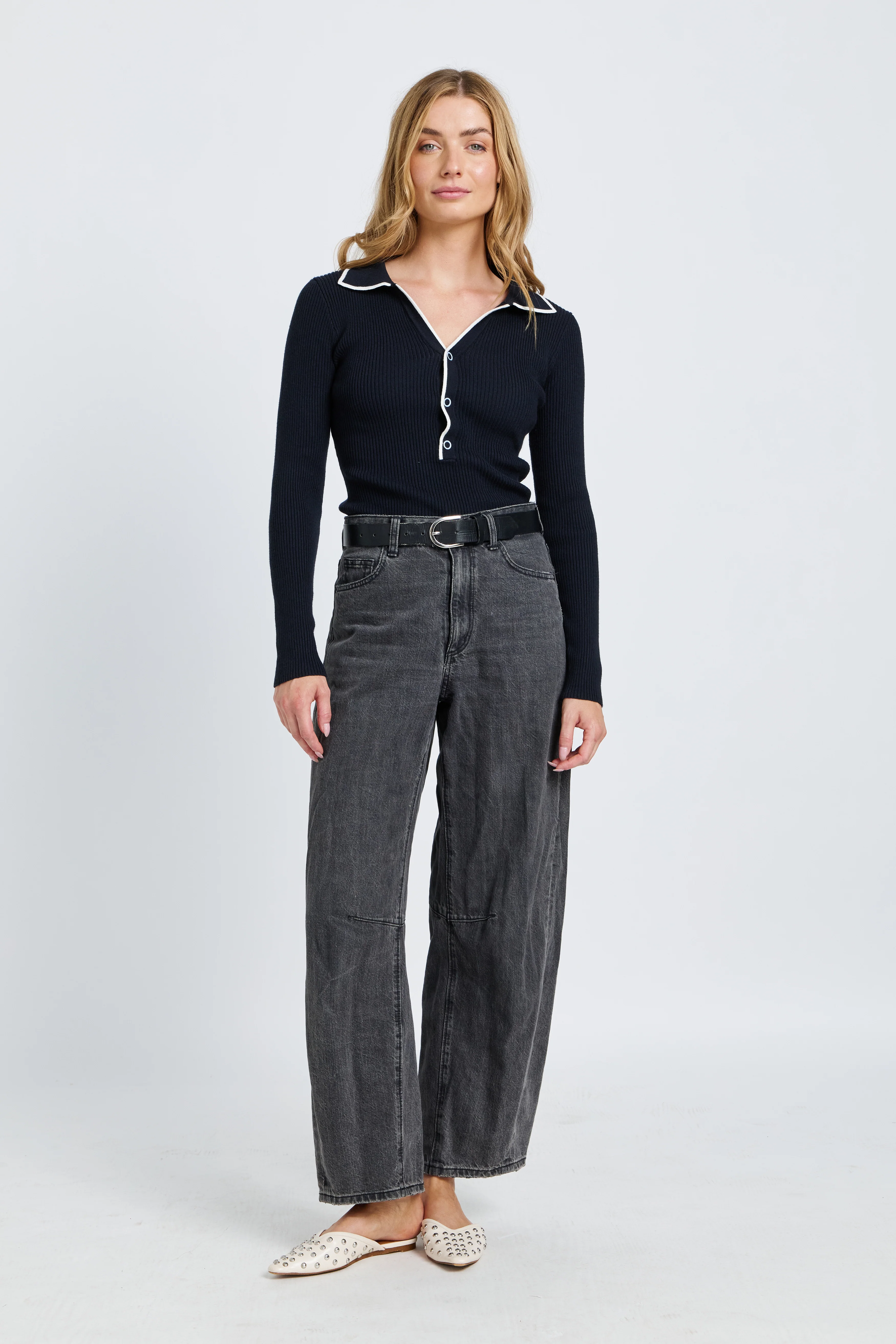 Monica Polo Knit Top - Navy / White - Image 7