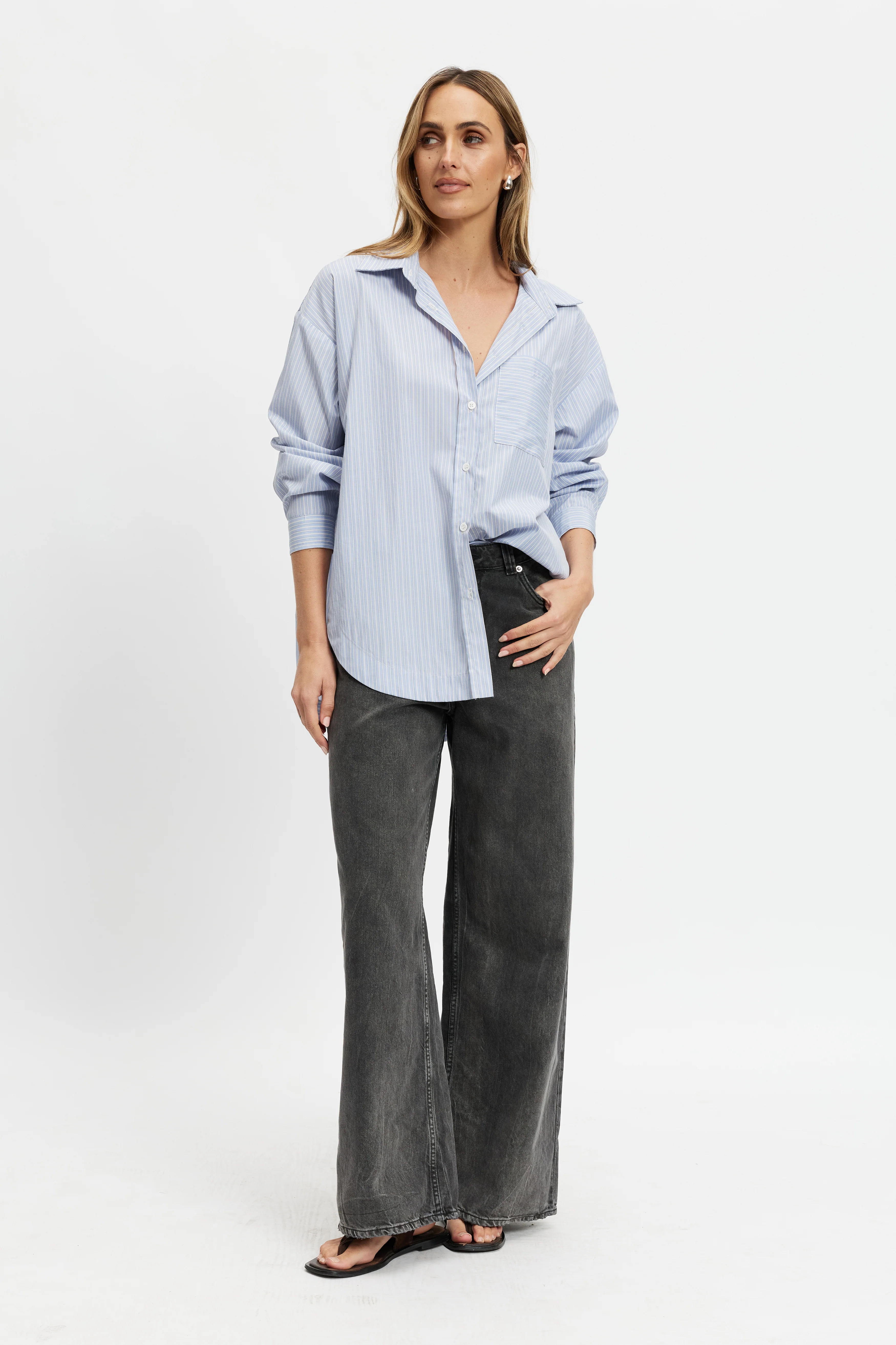 Morgan Stripe Wrap Button-Down Shirt - Blue Multi - Image 10