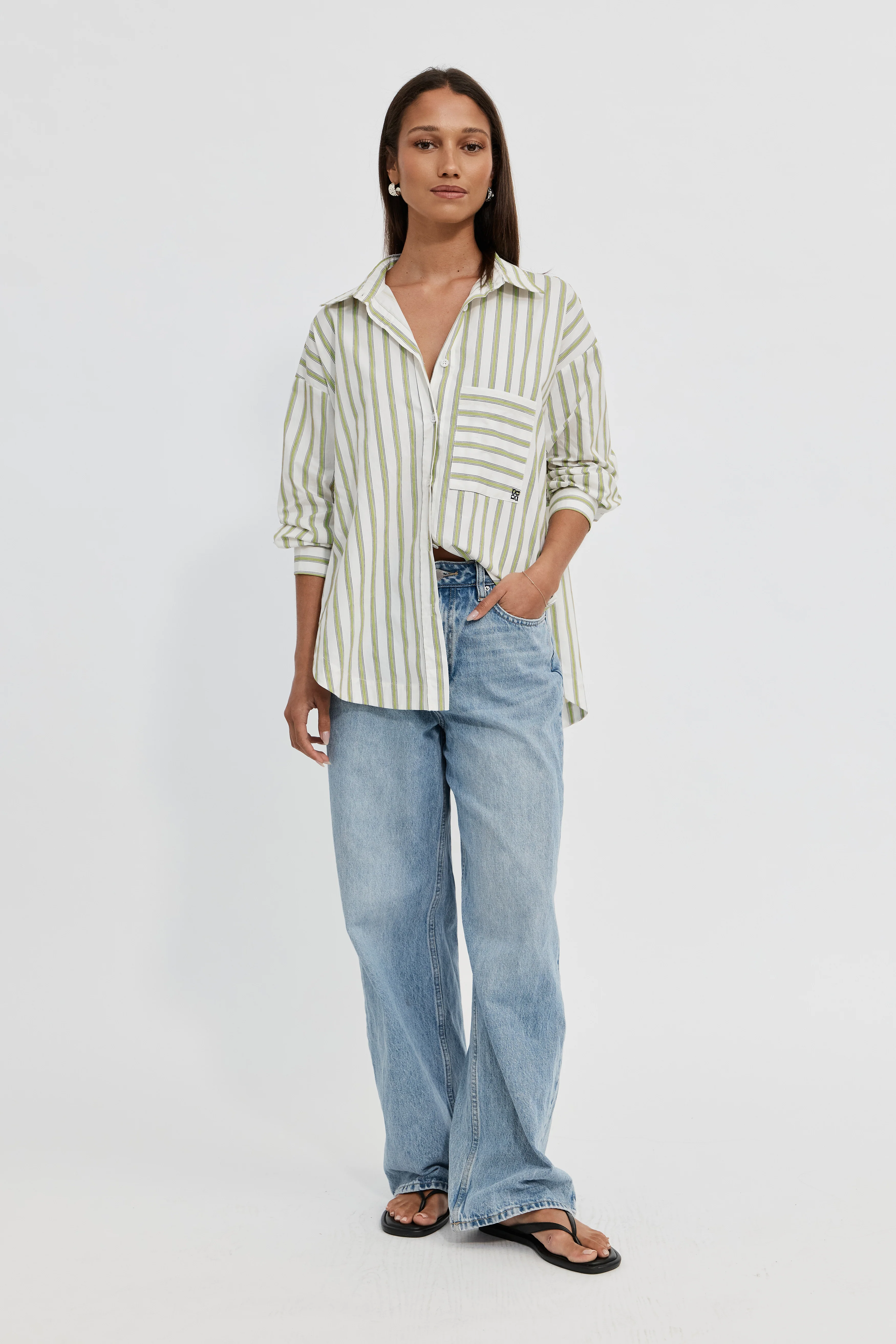 Morgan Stripe Wrap Button-Down Shirt - White / Green