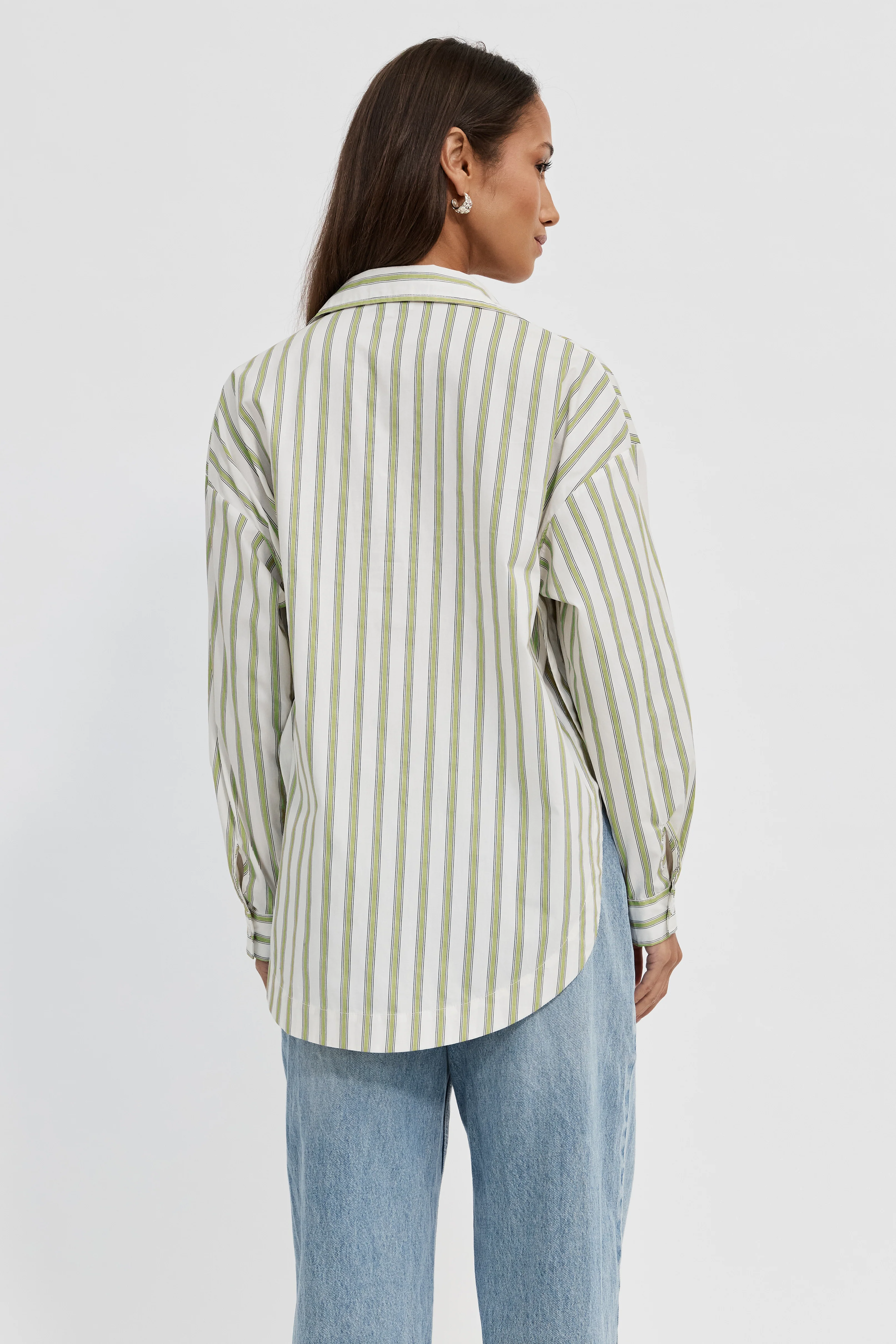 Morgan Stripe Wrap Button-Down Shirt - White / Green - Image 10