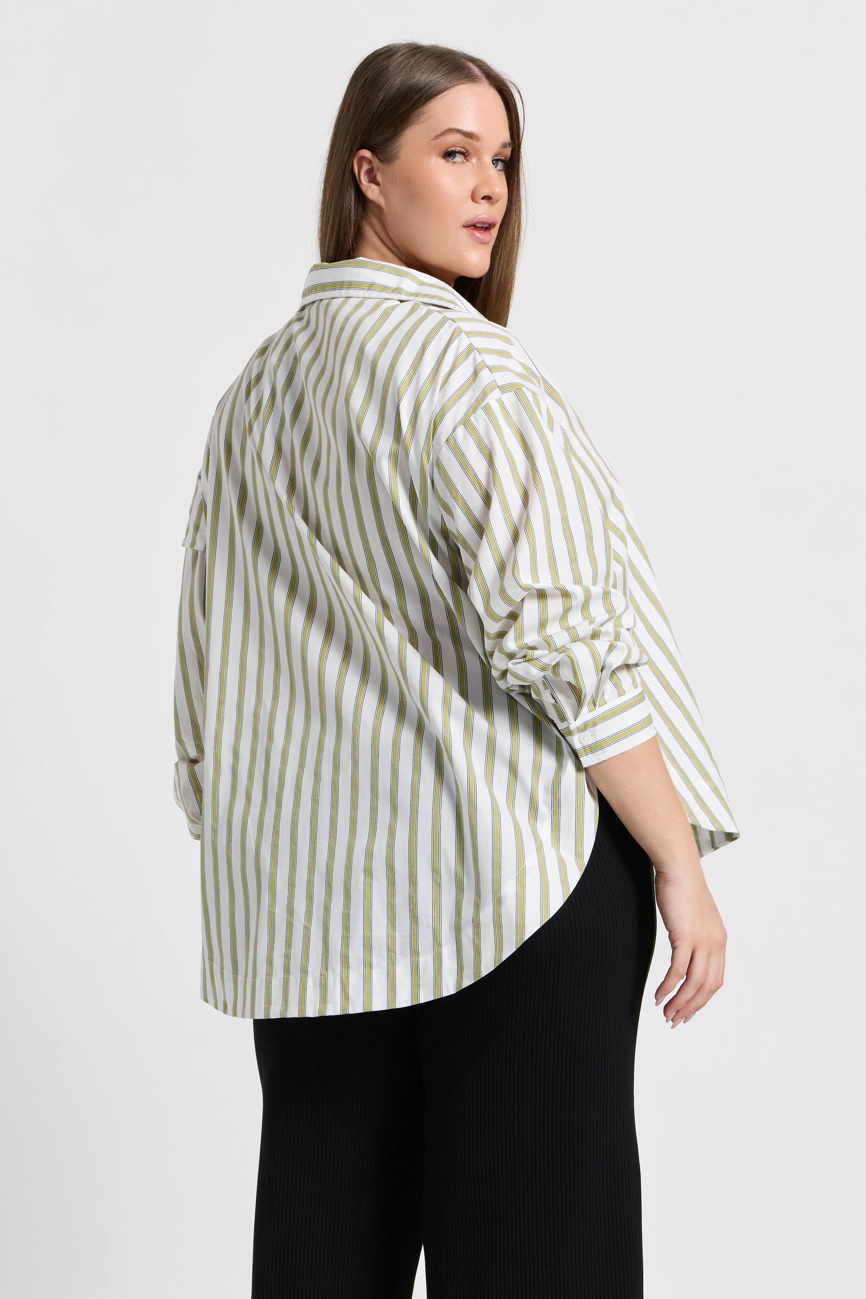 Morgan Stripe Wrap Button-Down Shirt - White / Green - Image 11