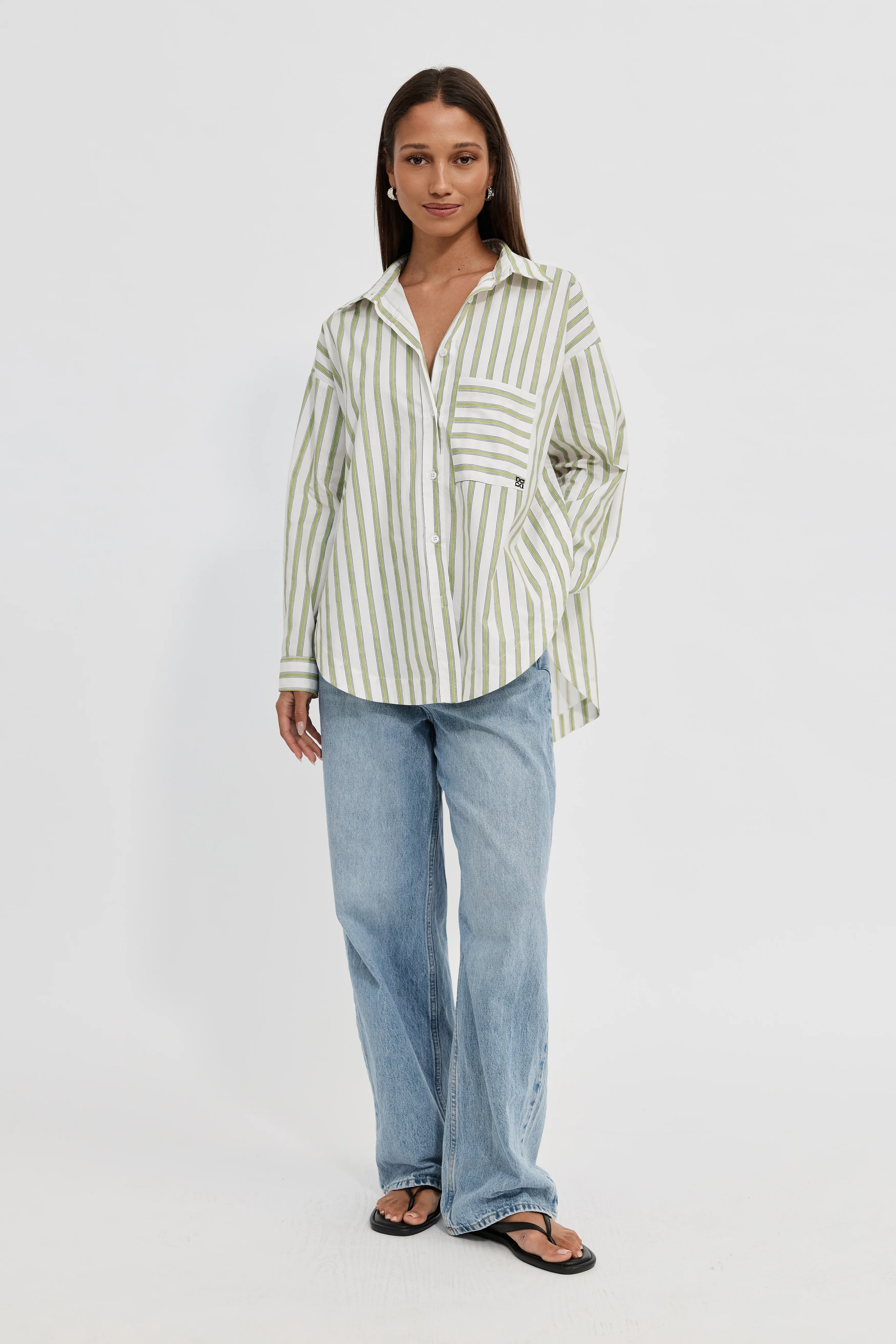 Morgan Stripe Wrap Button-Down Shirt - White / Green - Image 12