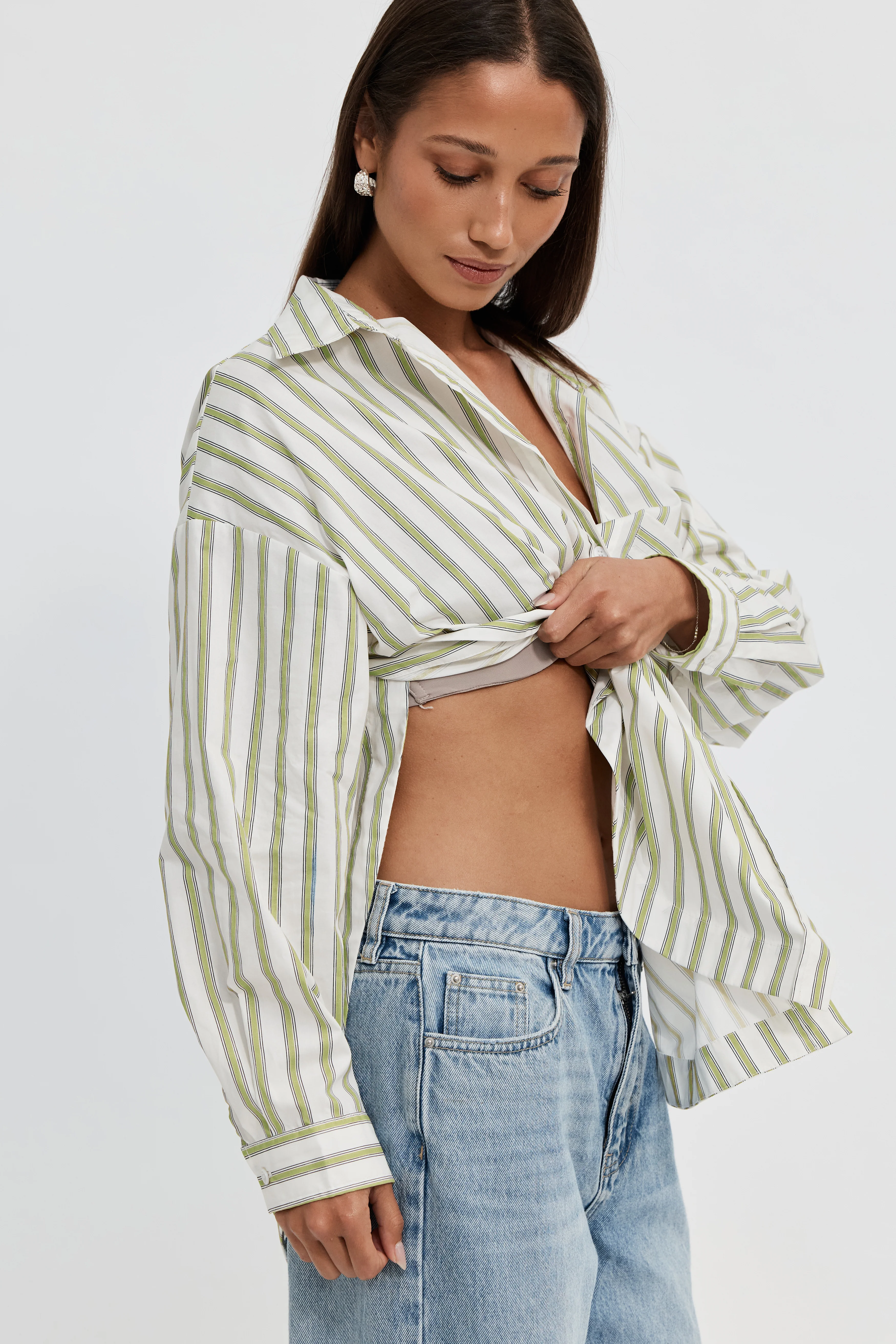 Morgan Stripe Wrap Button-Down Shirt - White / Green - Image 2