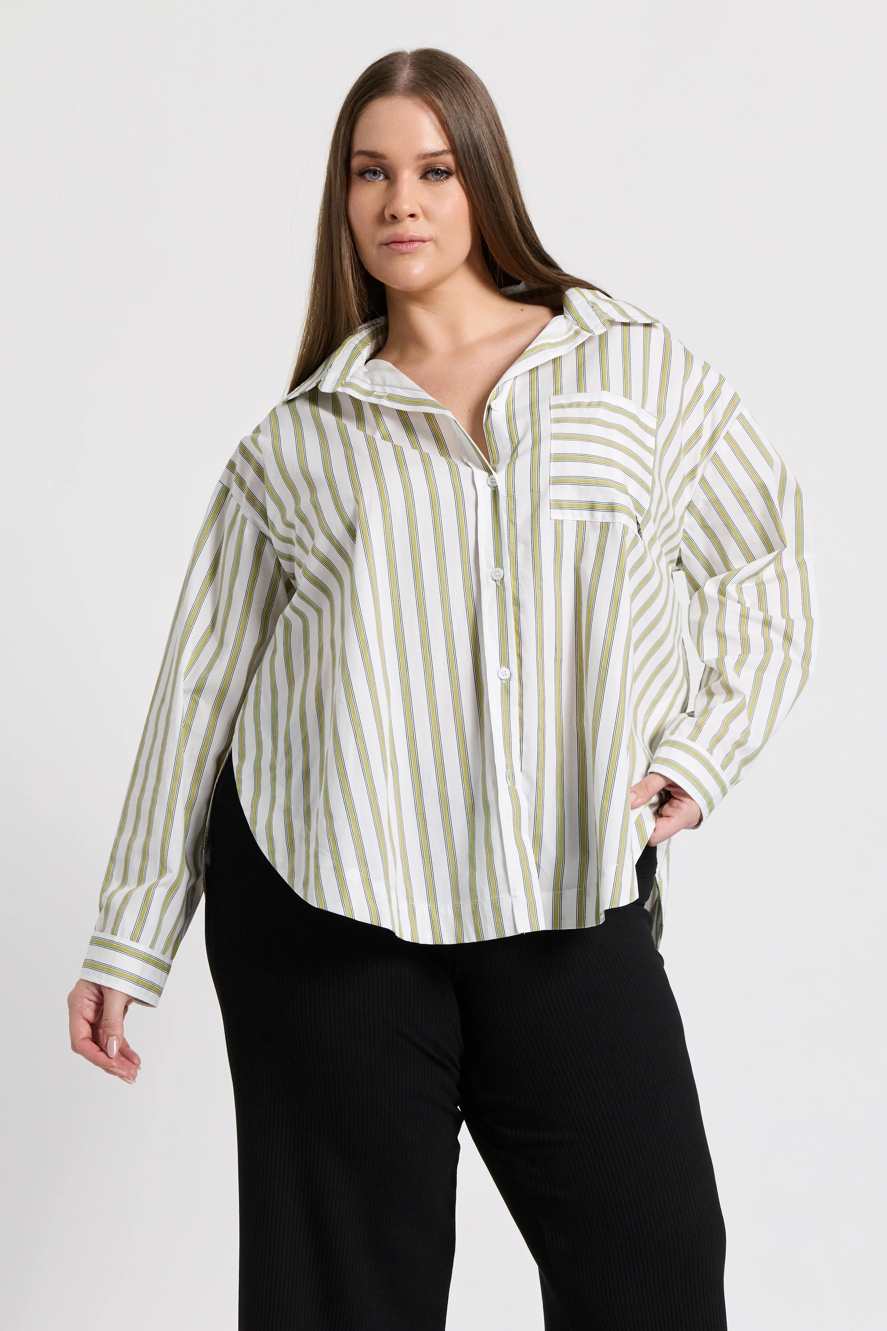 Morgan Stripe Wrap Button-Down Shirt - White / Green - Image 3