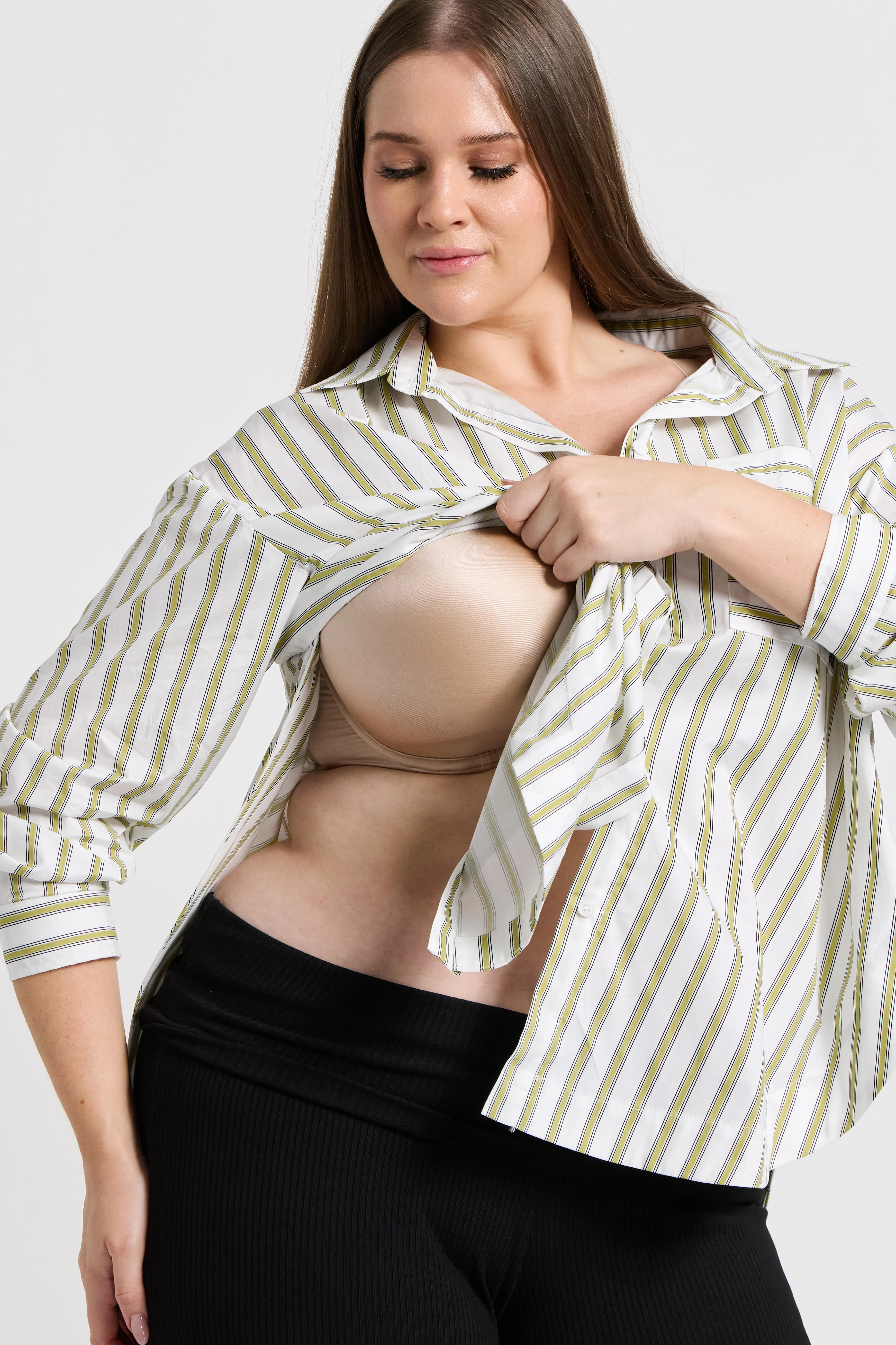Morgan Stripe Wrap Button-Down Shirt - White / Green - Image 4