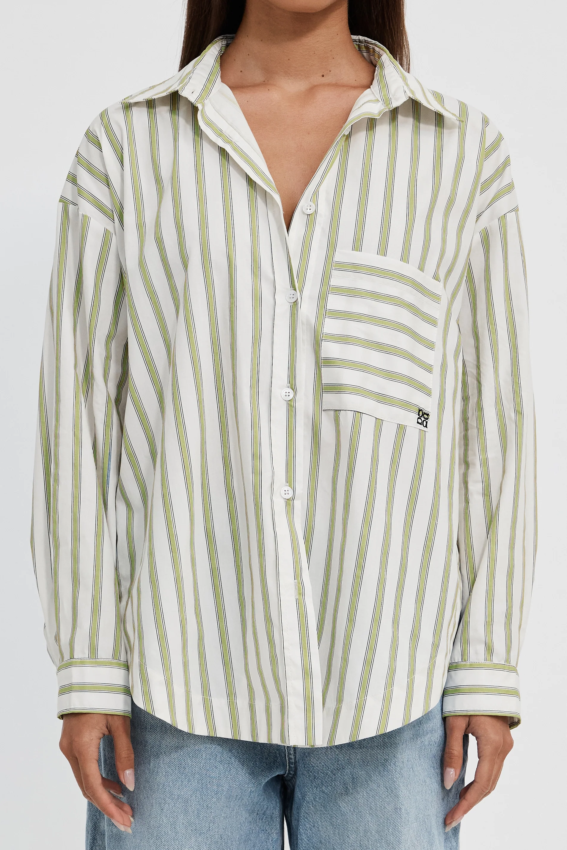 Morgan Stripe Wrap Button-Down Shirt - White / Green - Image 5