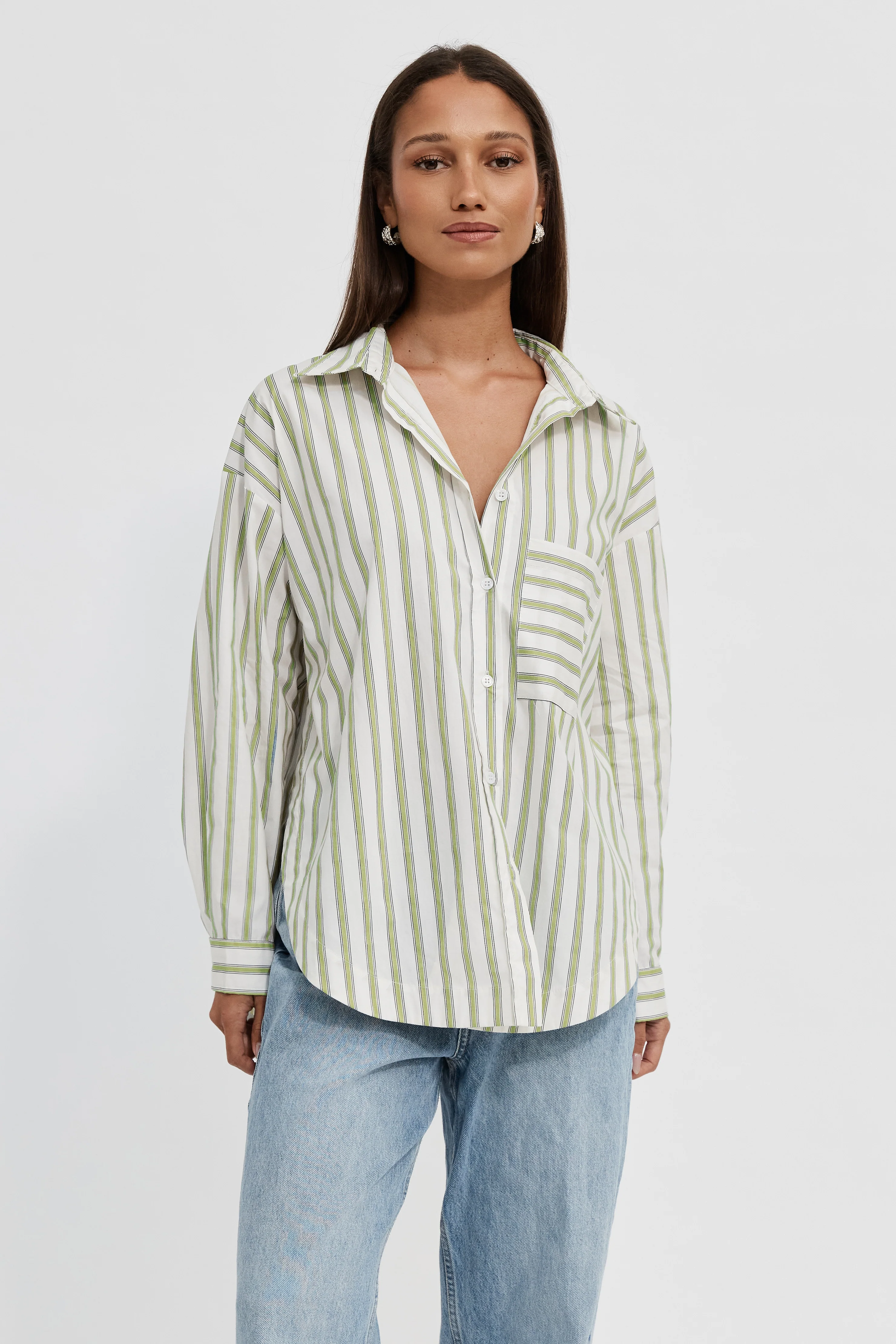 Morgan Stripe Wrap Button-Down Shirt - White / Green - Image 6