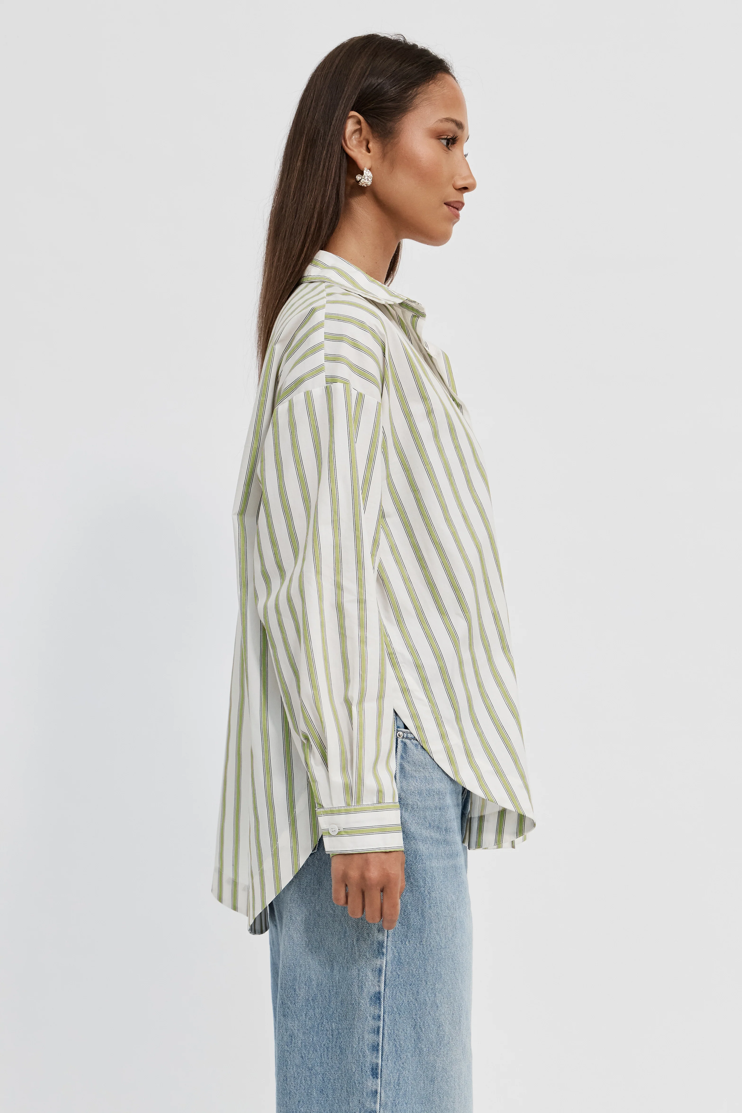 Morgan Stripe Wrap Button-Down Shirt - White / Green - Image 7