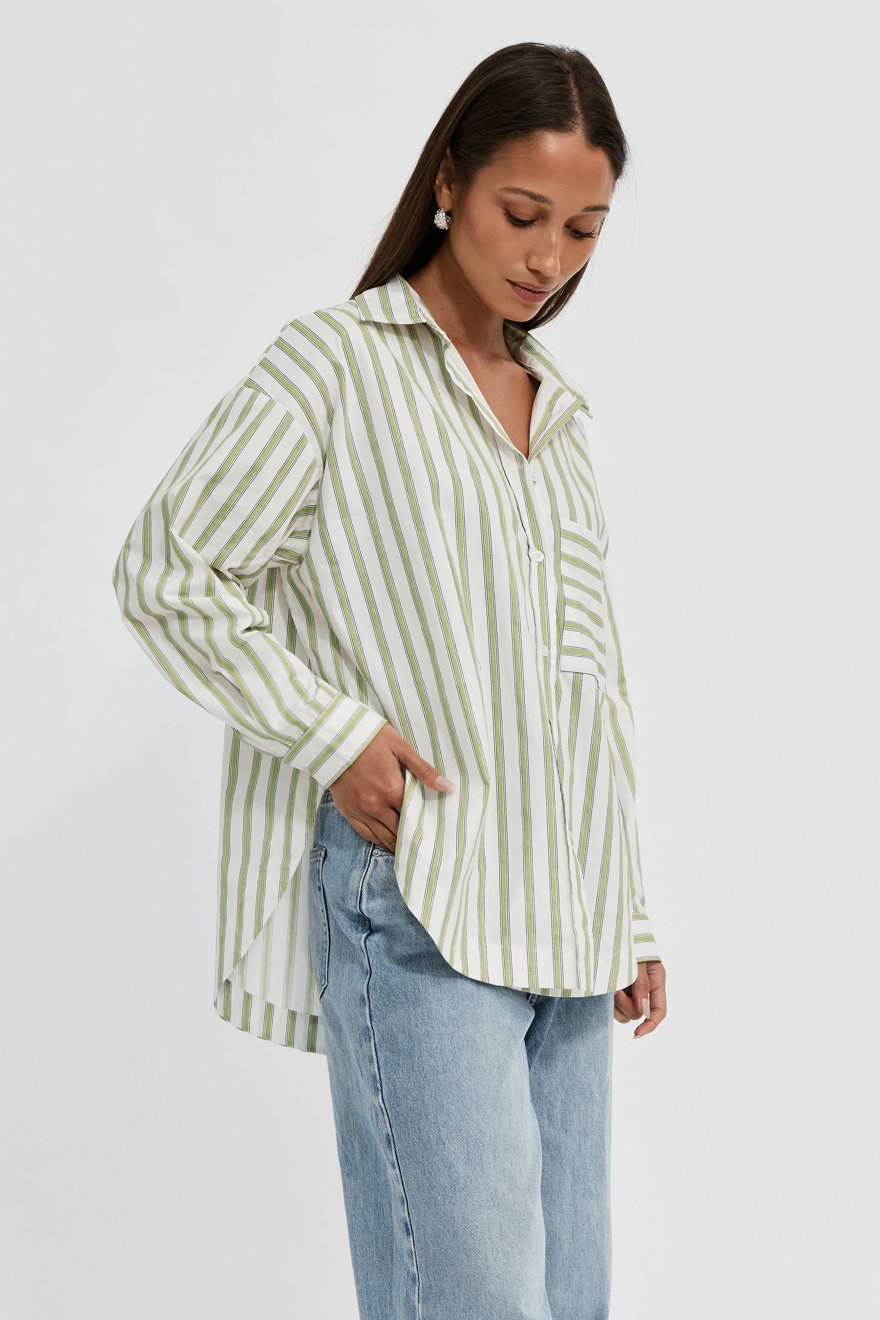 Morgan Stripe Wrap Button-Down Shirt - White / Green - Image 8