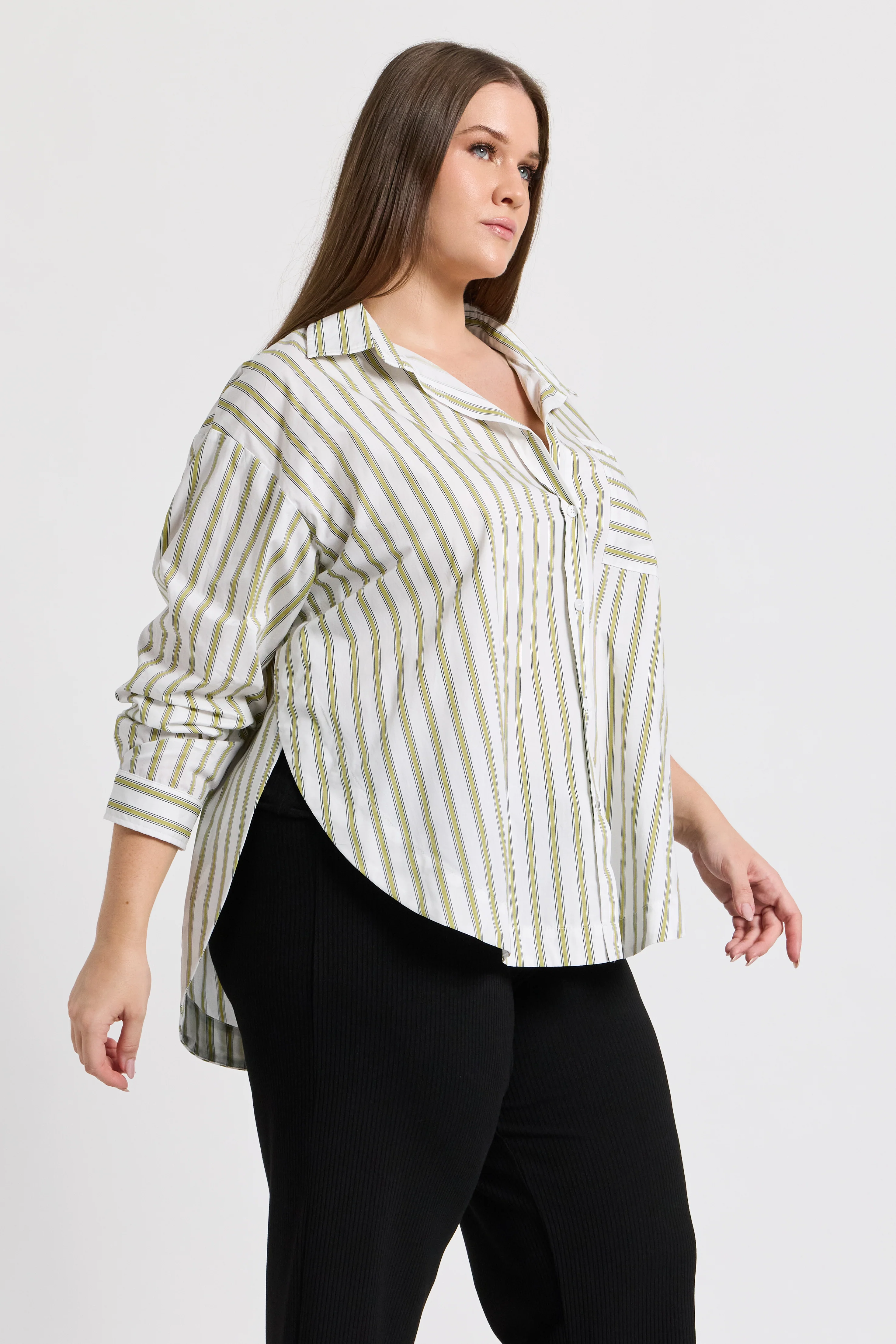Morgan Stripe Wrap Button-Down Shirt - White / Green - Image 9