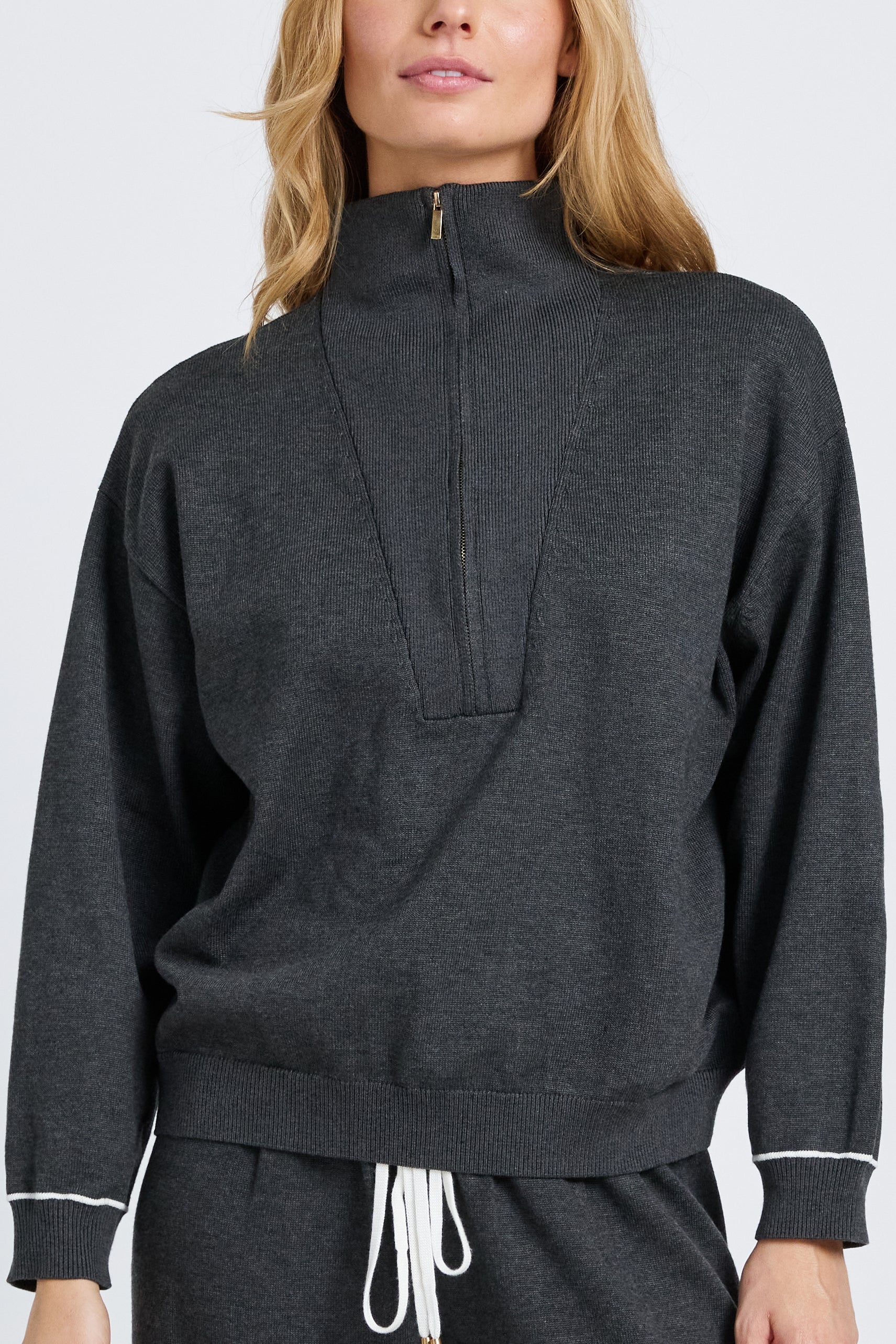 Nina Half-Zip Knit Lounge Top - Charcoal / White - Image 3
