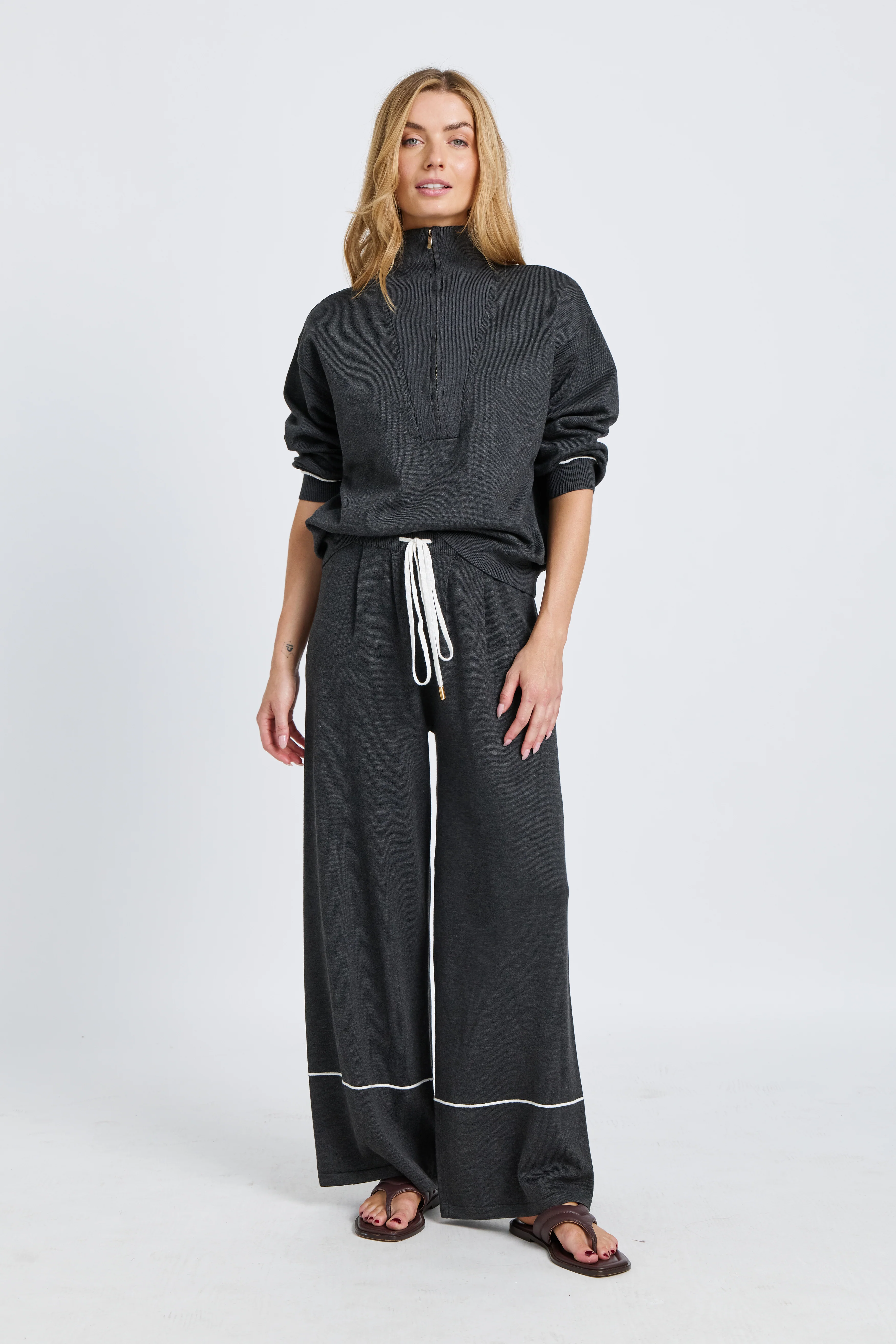 Nina Half-Zip Knit Lounge Top - Charcoal / White - Image 5