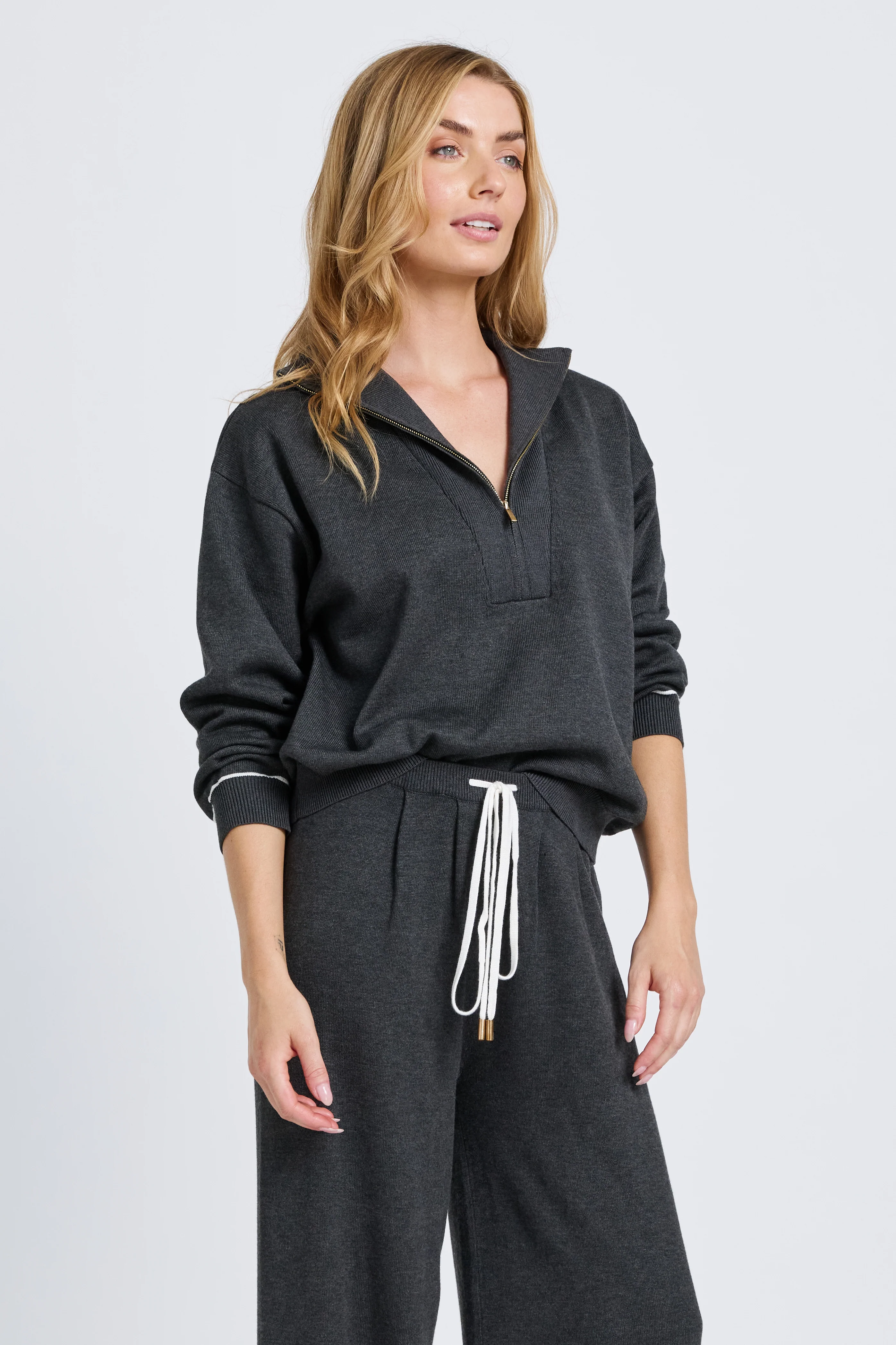 Nina Half-Zip Knit Lounge Top - Charcoal / White - Image 6
