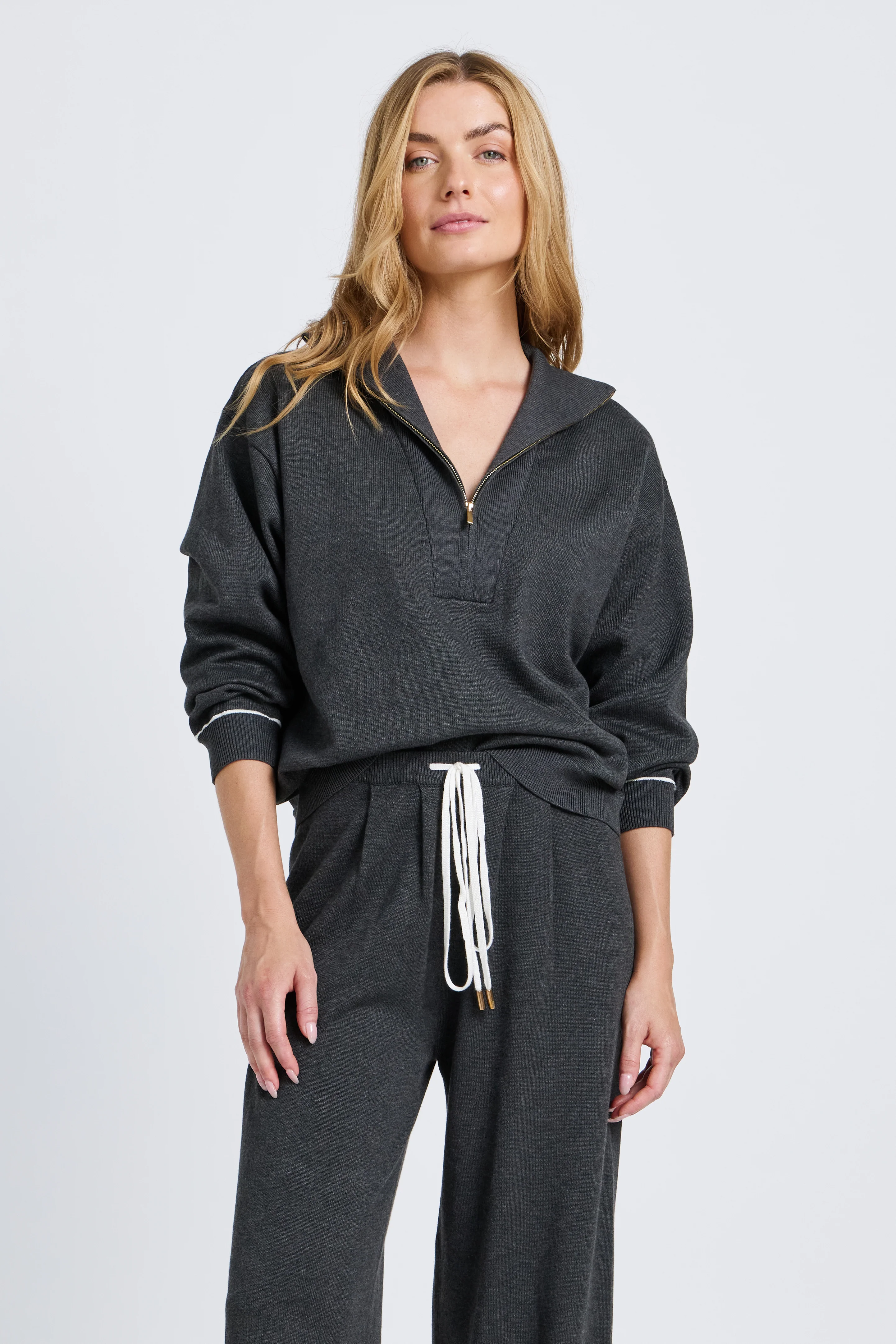 Nina Half-Zip Knit Lounge Top - Charcoal / White - Image 8